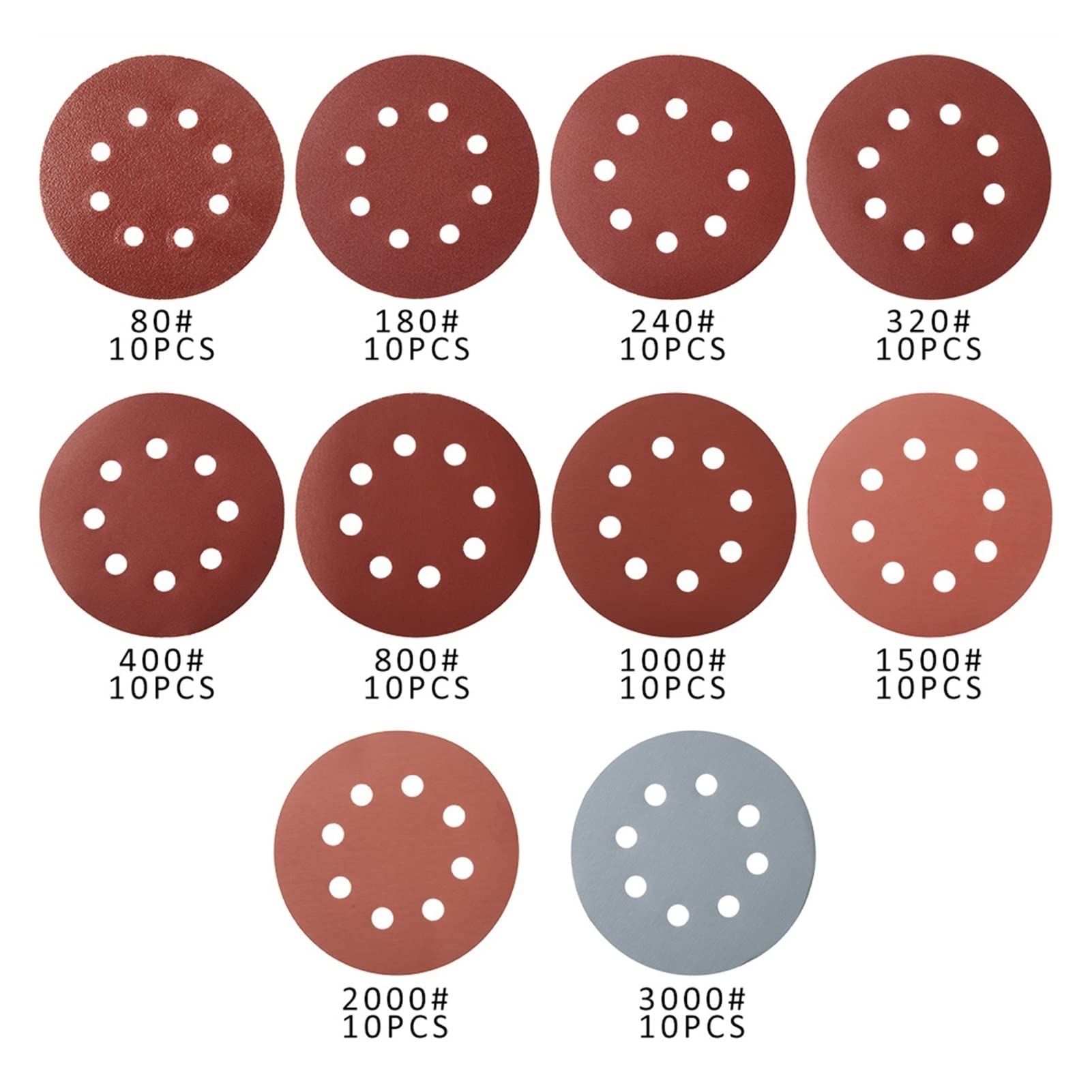 Papel de lija abrasivo ZSBLXHHJD 100 piezas Sander Pulido Papel de lija Rueda Redonda Gancho y anillo Papel de lija Polidaje Papel de lija Hoja de 8 orificios (Color : Brown)