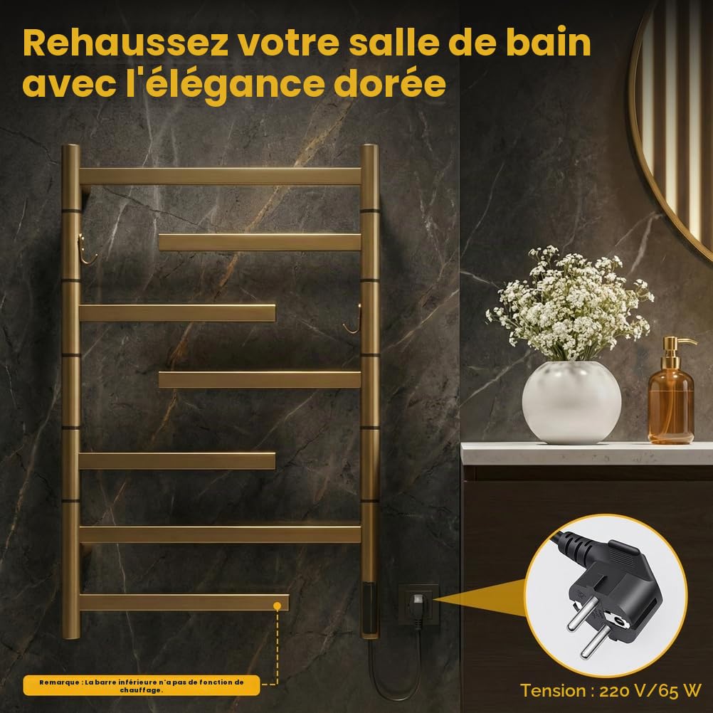 Sèche-Serviettes Électrique, Radiateur Porte-Serviettes Chauffant,65 W, Doré, Mural, Double Face Rotative, en Acier Inoxydable 304 avec Minuterie Intégrée, Plug in