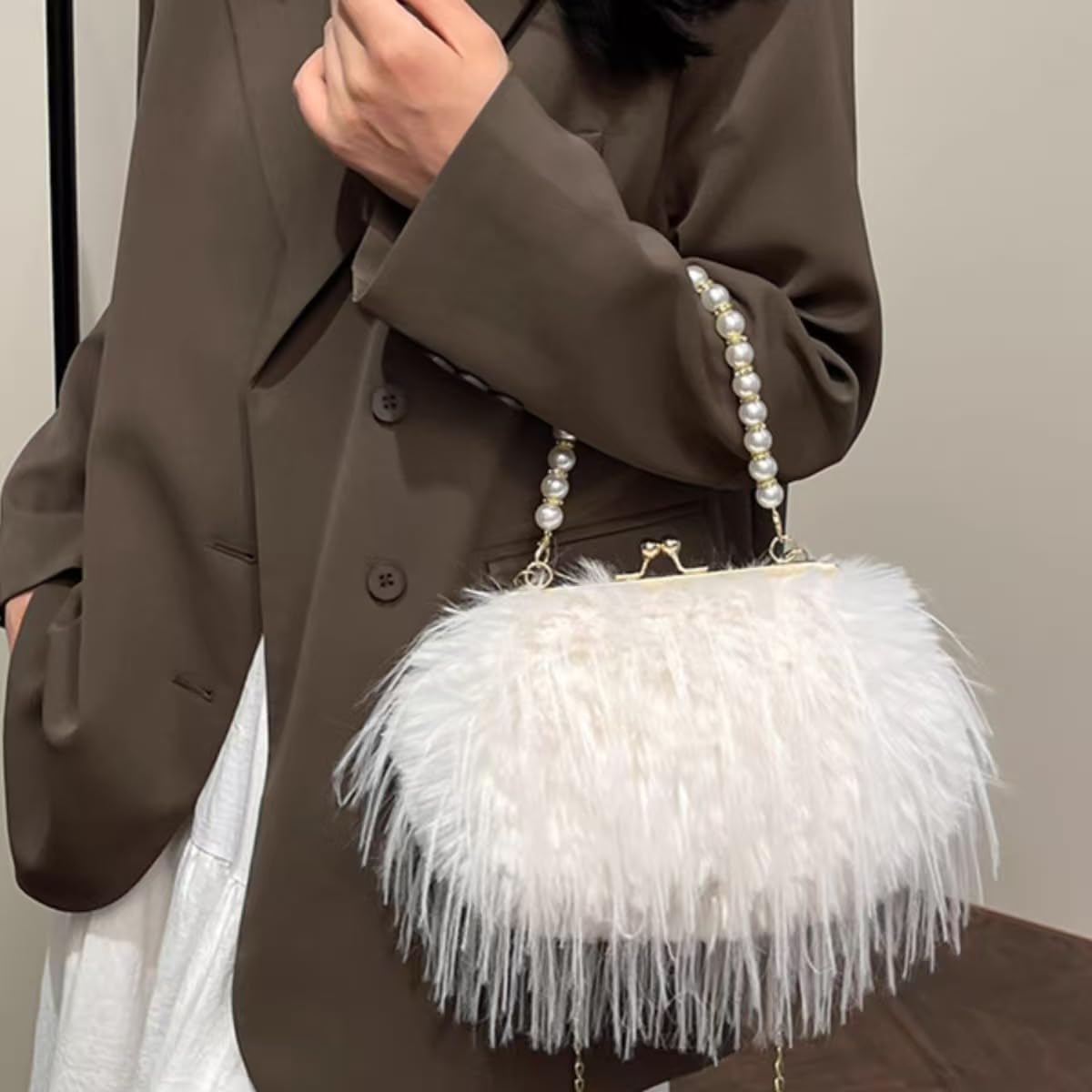 Women Pearl Ostrich Feather Tote Bag Fluffy Purse Clutch Feather Evening Handbag for WeddingParty(White) - Image 3
