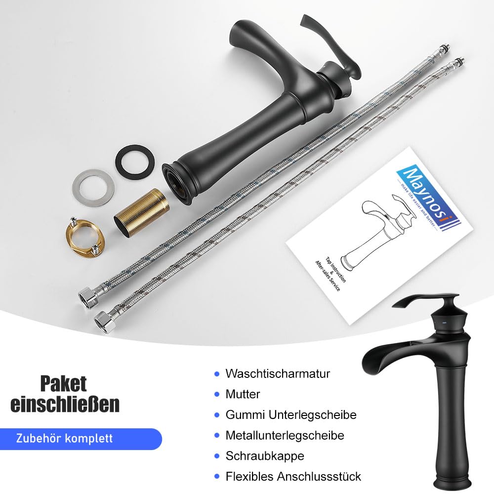 Maynosi Waschtischarmatur Mit Wasserfallauslauf – Hohe Mischbatterie, Quadratisches Design, Chrom, Inkl. Schläuche