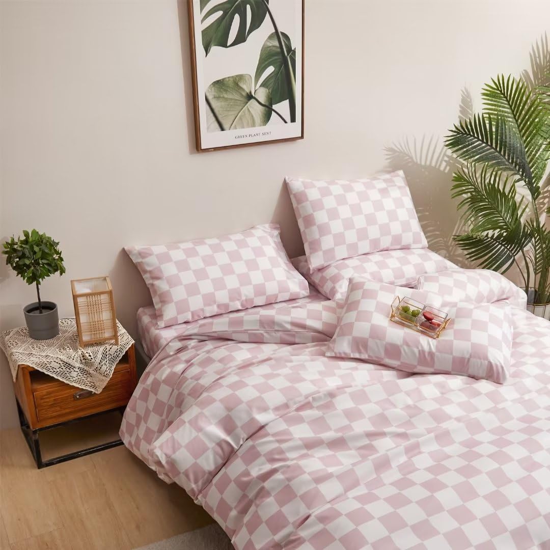 Pink Checkered Comforter Set Queen Size Blush Red Checkerboard Bedding Comforter Women Girls Pink and White Plaid Bedding Sets Soft Retro Grid Quilt Light Color Checker Bedding