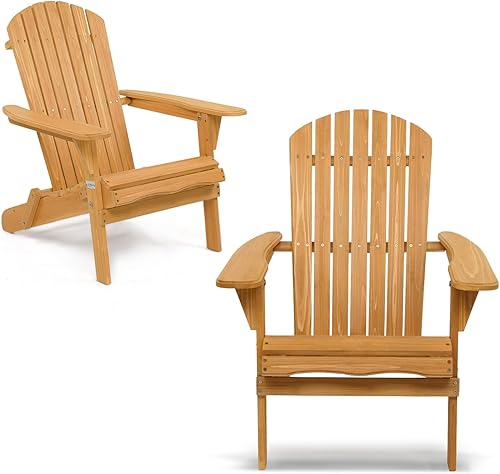 VINGLI Silla Adirondack de madera con diseño ergonómico (2 unidades), silla plegable para patio al aire libre con acabado natural, para playa,