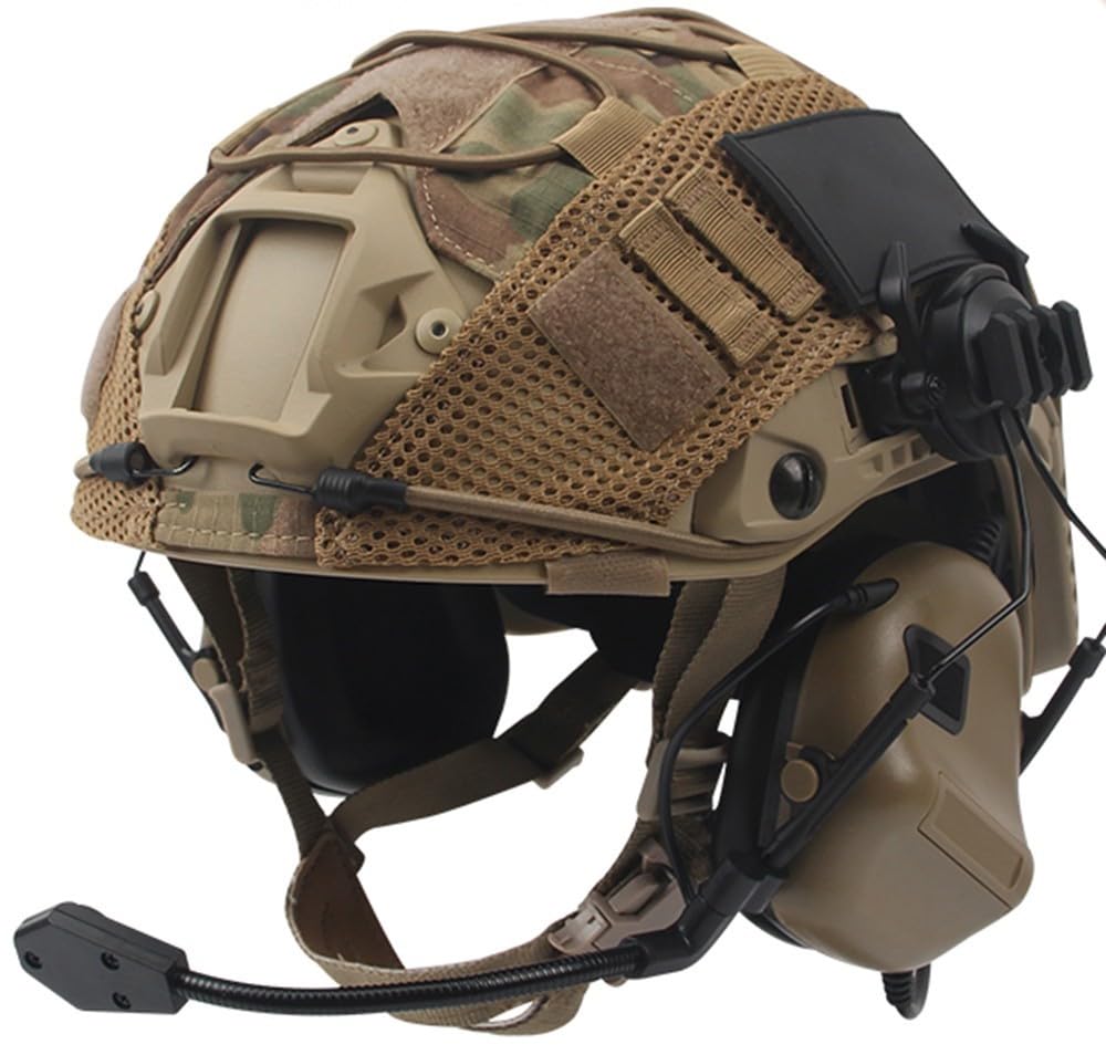 Set Casco Tattico, Leggero Stile Militare Copricapo di Sicurezza con Auricolare Tattico E Copertura per Casco per All'aperto Airsoft Paintball CS Game CQB Shooting