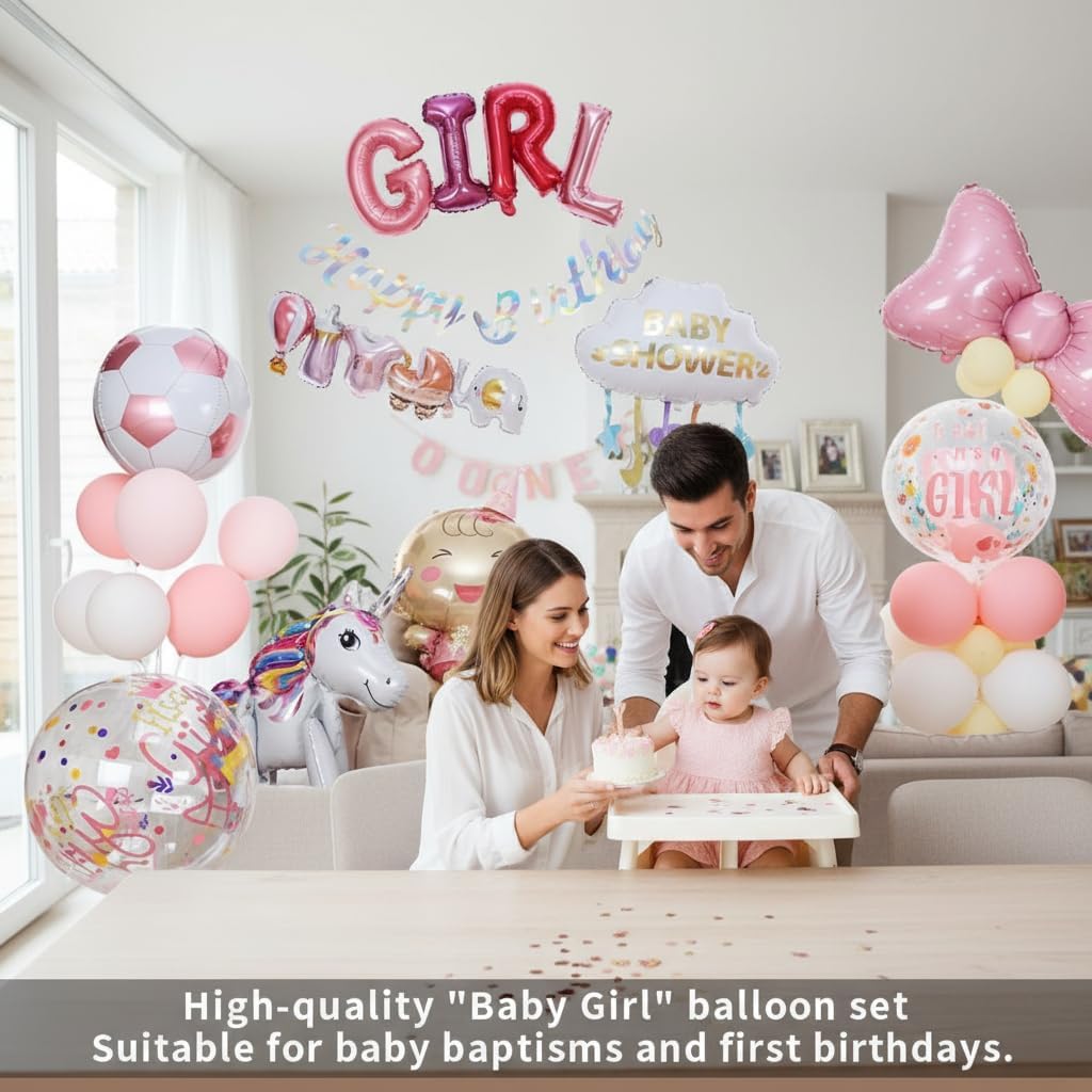 Happy Birthday Foil Balloon Decorations Kit for Girl’s 1st Birthday & Baby Shower, Luxury Pink Theme All-In-One Party Supplies with 1 Mylar Balloon, Bow for Baby Girl (Girl Birthday Set 2) image 4