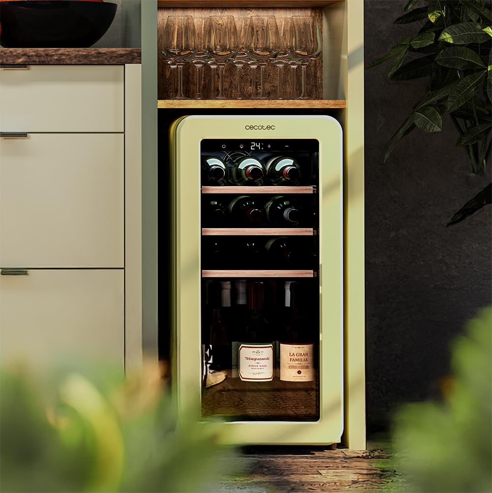 Cecotec Vinoteca 18 Botellas Retro Bolero Grandsommelier Origin 18 Hit Beige. Acabado En Beige Control Led, Temp. 5-20ºC, Compresor, NoFrost, Estantes Madera, Luz Interior, Ventilación