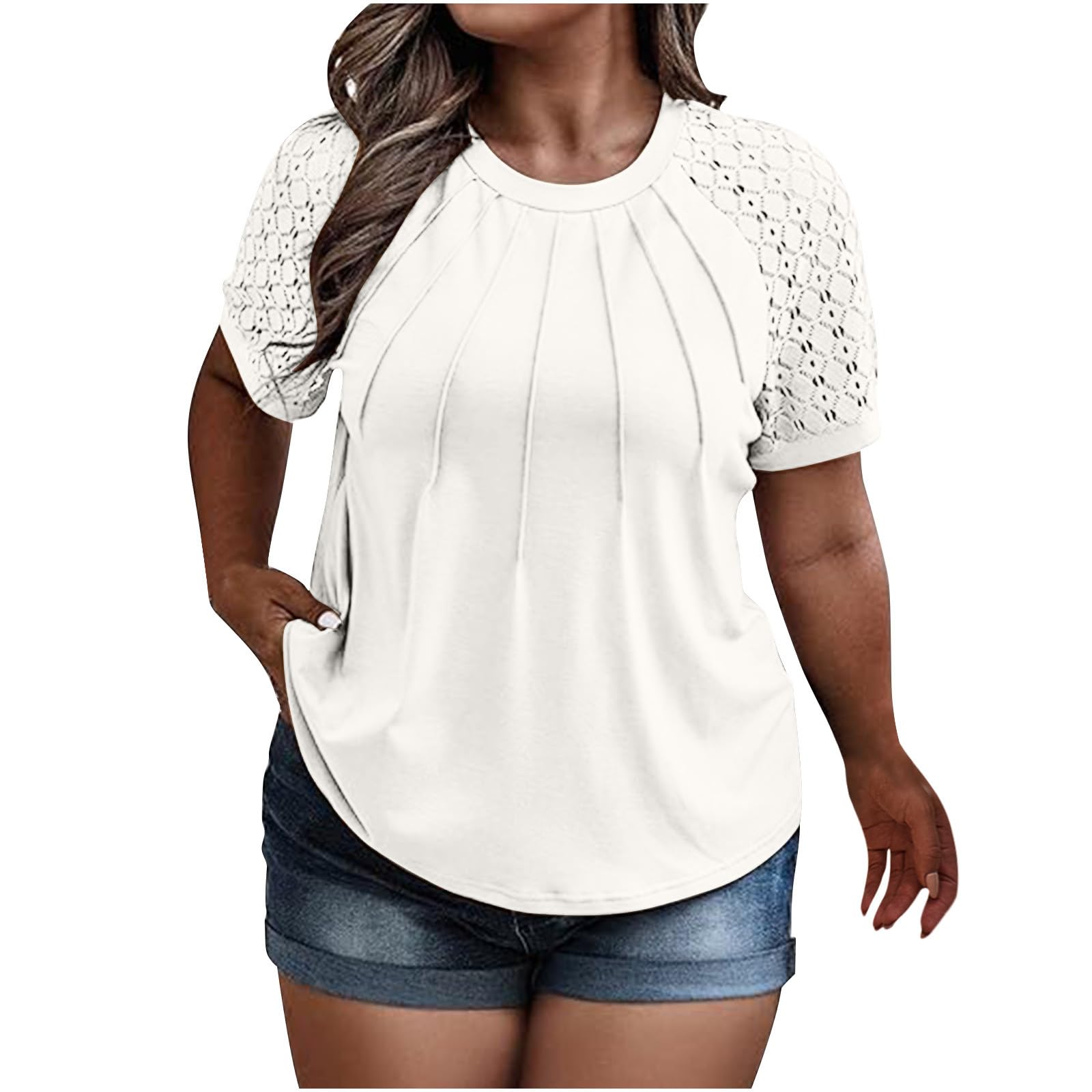 Generic Blusa tipo túnica para mujer, color liso, casual, cuello en V, volantes, manga acampanada 3/4, blusa relajante, talla grande, camiseta plisada casual de ajuste holgado