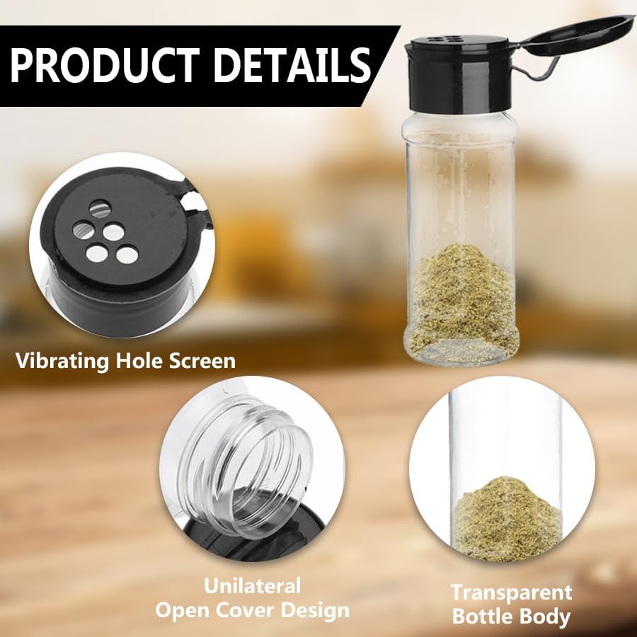 Miniatura 3 de Voittozege 50 tarros de especias de plástico con tapas de coctelera, tarros de especias para condimentos de 3.3 onzas líquidas, tarros de plástico