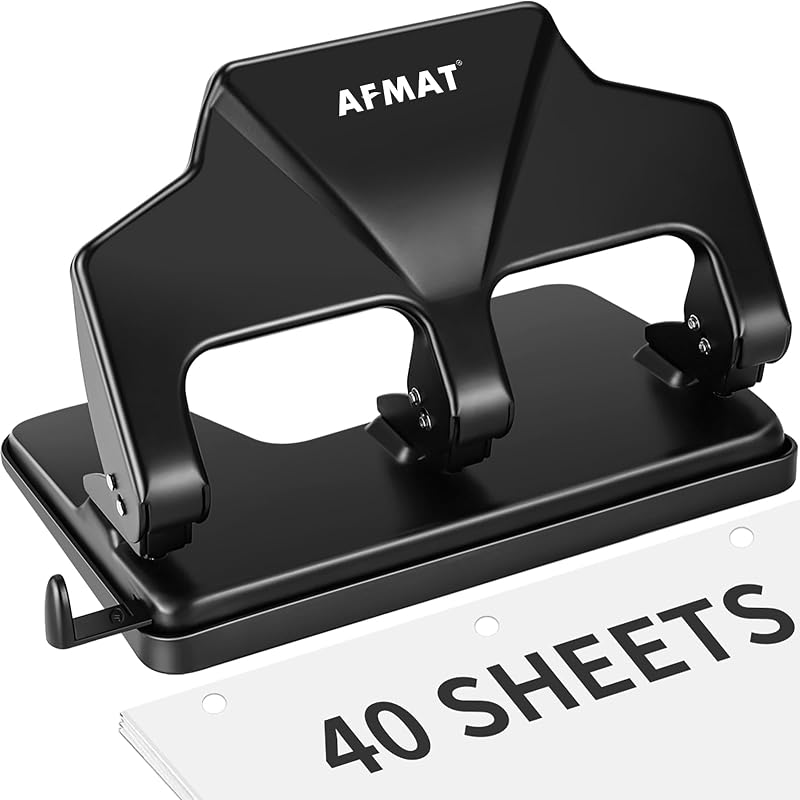 AFMAT Perforadora de 3 agujeros resistente, perforadora de tres agujeros de 40 hojas, 50% de esfuerzo reducido, perforadora de 3 agujeros para carpeta con bandeja de viruta grande, agujeros de 9/32 pulgadas de diámetro, perforadora de papel de metal para el hogar/oficina/escuela, HP14