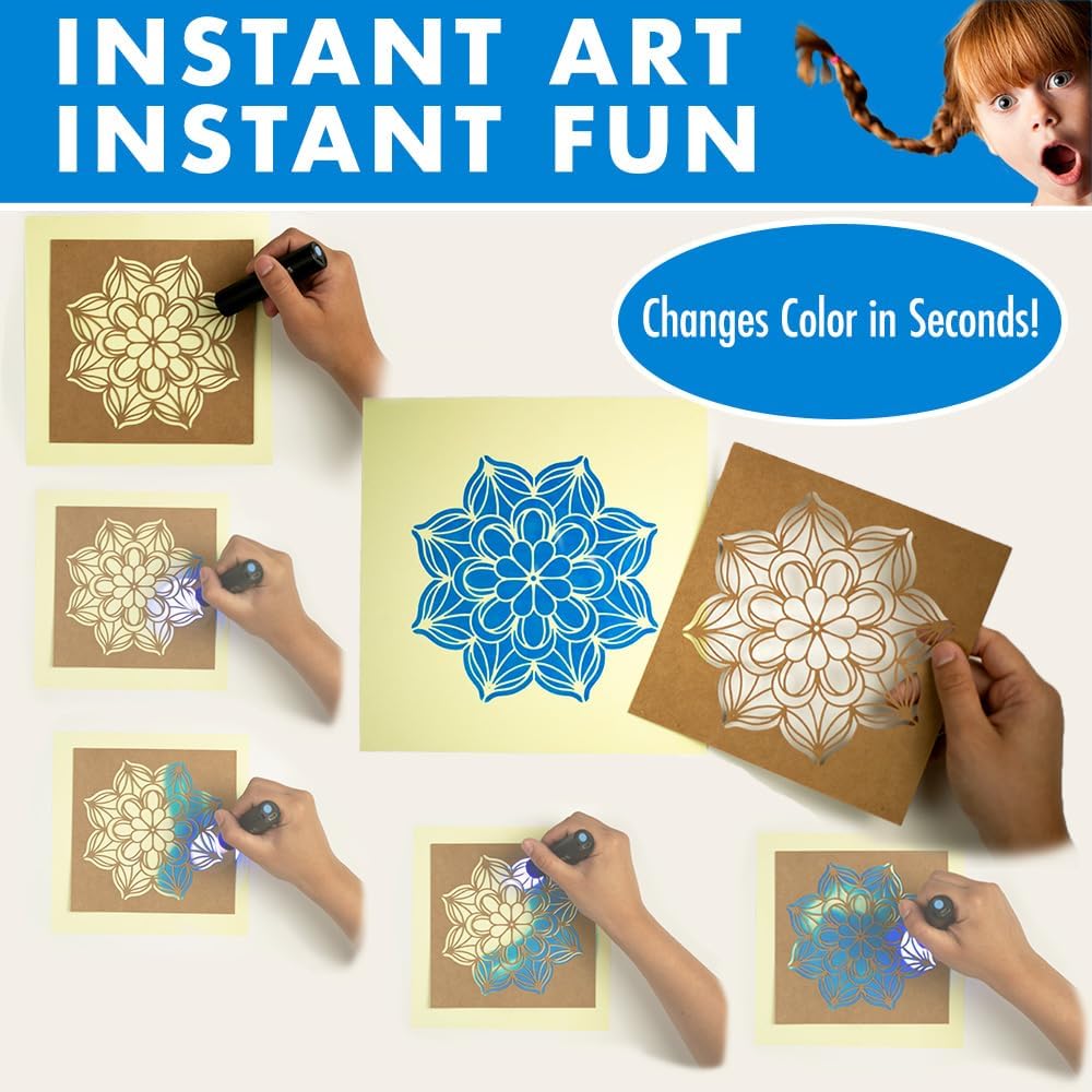 Step-by-step process of creating UV art with a flashlight and stencil