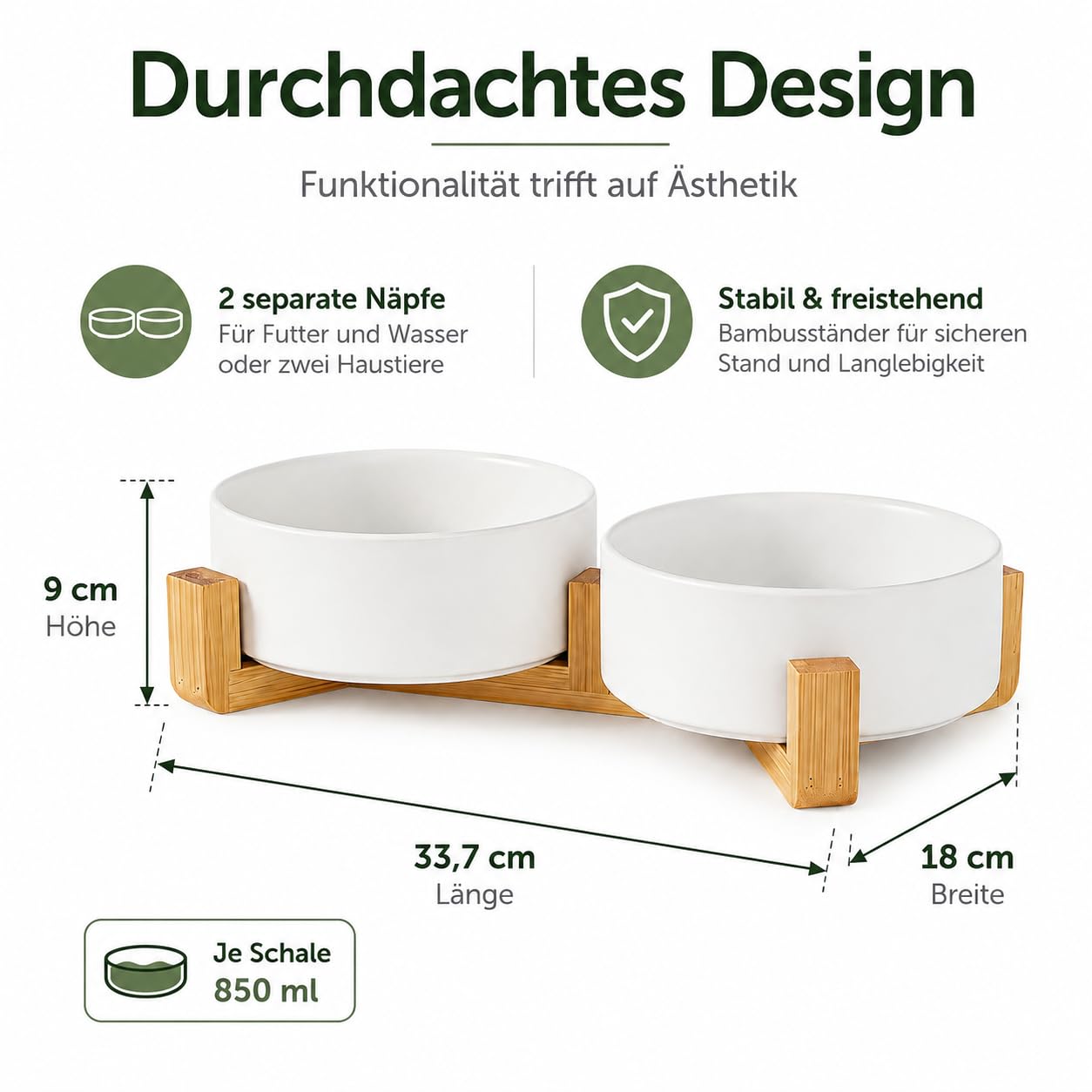 Ceramiczna miska na karmę dla kotów 2 x 850 ml, zestaw 2 szt. z podwyższonym stojakiem bambusowym | Białe miski z gładką glazurą, nie zawierają ołowiu i kadmu, do suchej karmy, wody, małych psów, kuchni i salonu