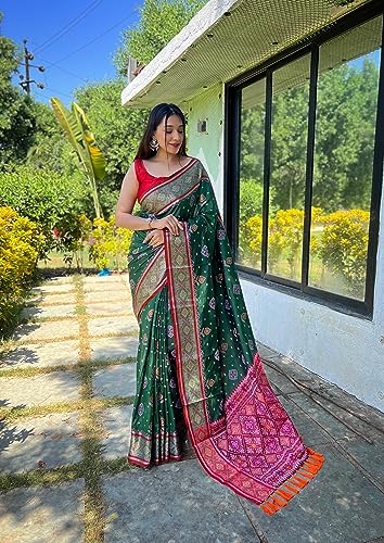 Image of Panzora Women's Patola Silk Meenakari Work Saree With Unstitched Blouse Piece