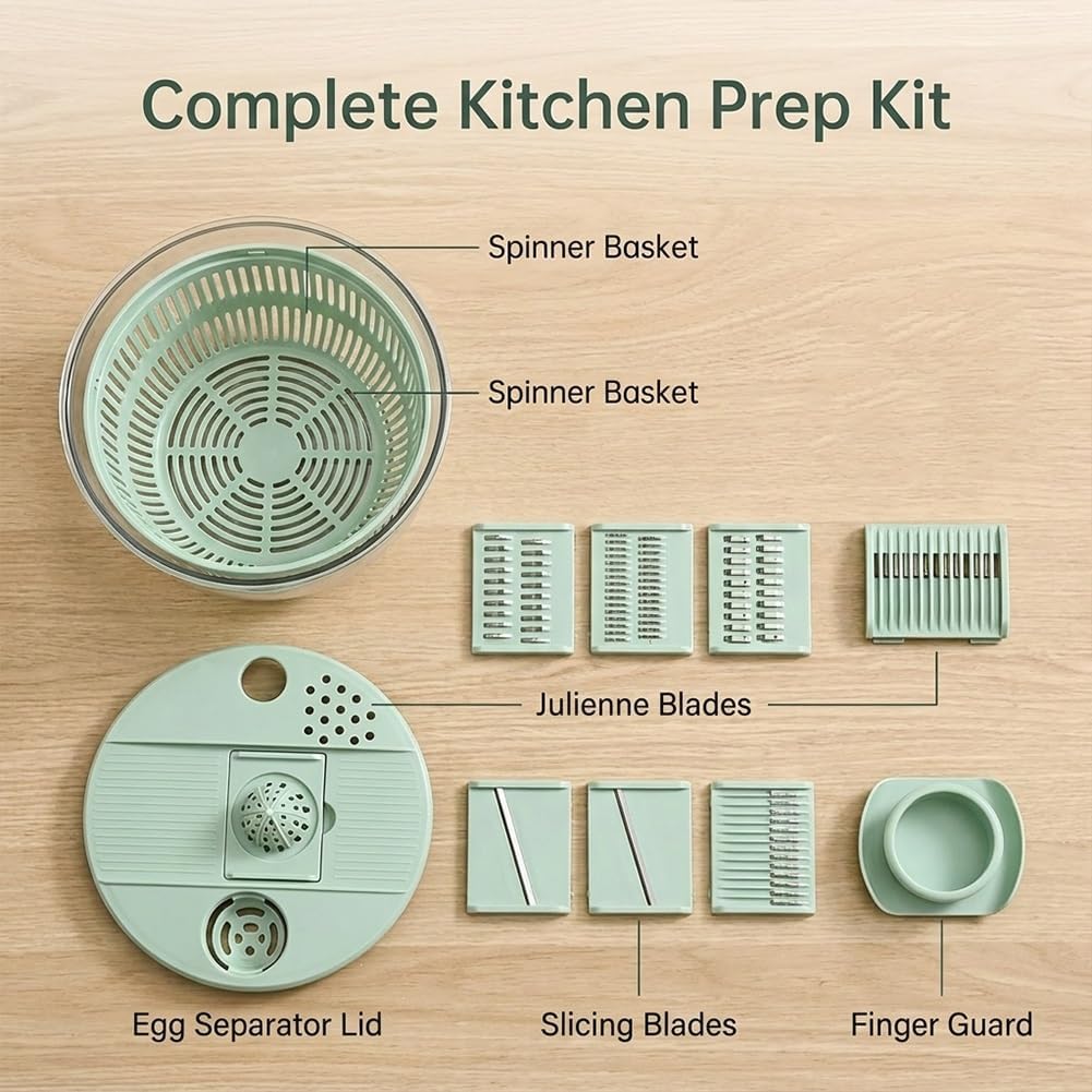 All-in-One Salad Spinner & Vegetable Chopper, 5.3Qt Large Lettuce Spinner with 5 Blades Slicer, Fruit & Vegetable Washer Bowl with Strainer, Egg Yolk Separator, for Kitchen Prep (White)