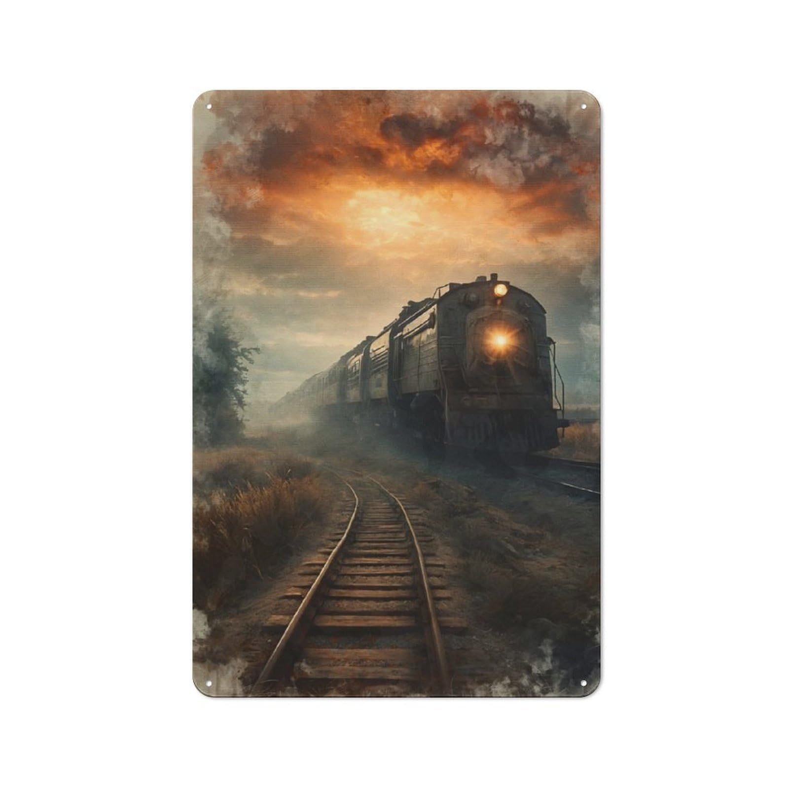 Junmoney Train In Foggy Sunset Rustic Tin Sign 30X20cm Featuring For Garage Or Workshop, For Updating Garage And Workshop After Moving
