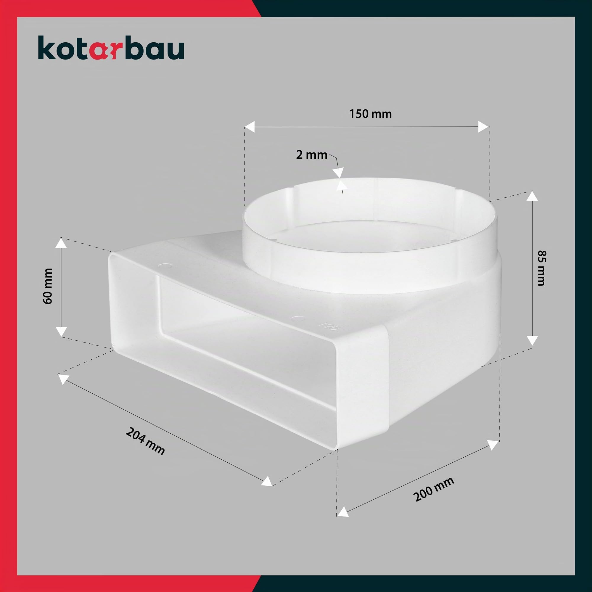 KOTARBAU® Pieza de desviación 90° para canal de ventilación 204 x 60 mm, pieza de transición de plástico Ø 150 mm, blanco, conector de canal, codo de canal, tubo de ventilación, ángulo, pieza de