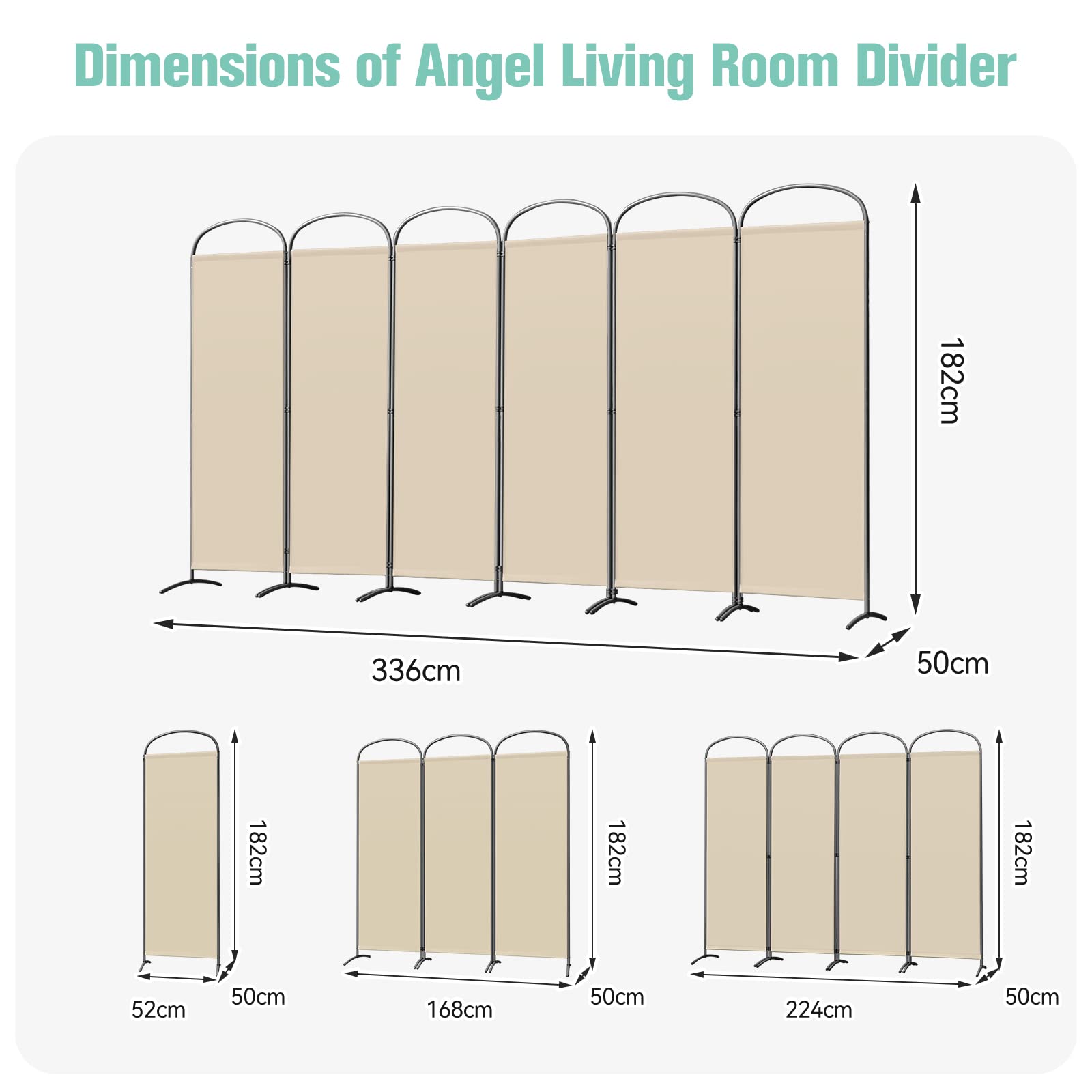 Angel Living Parawan, 6-częściowy, składany łuk, ścianka działowa, wolnostojąca, ochrona przed wzrokiem do biur, na balkon, do sypialni, ogrodu zewnętrznego, 336 x 182 cm, beżowy
