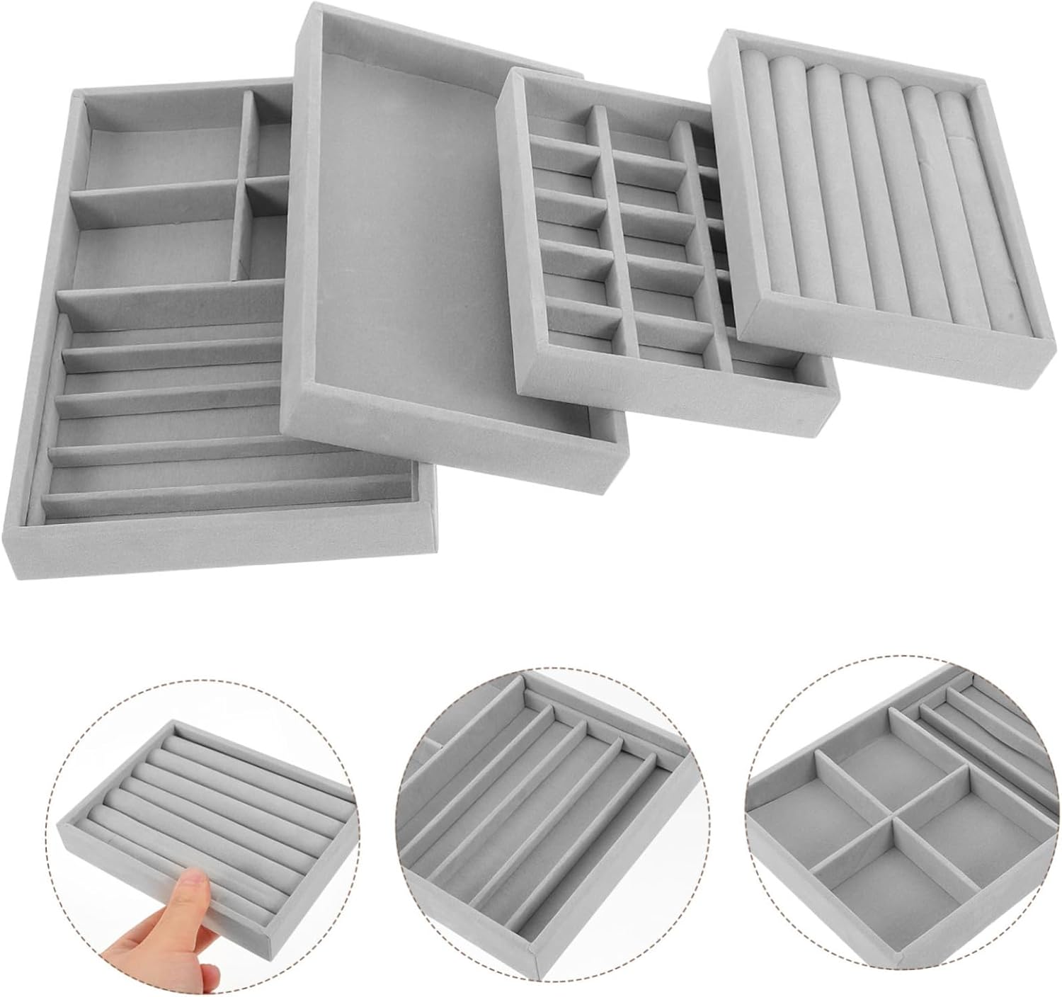 BESPORTBLE 4pcs Jewelry Tray for Organized Jewelry Storage Flocking Material Holder Earring Necklace Display Trays for Drawer Space-saving Grey