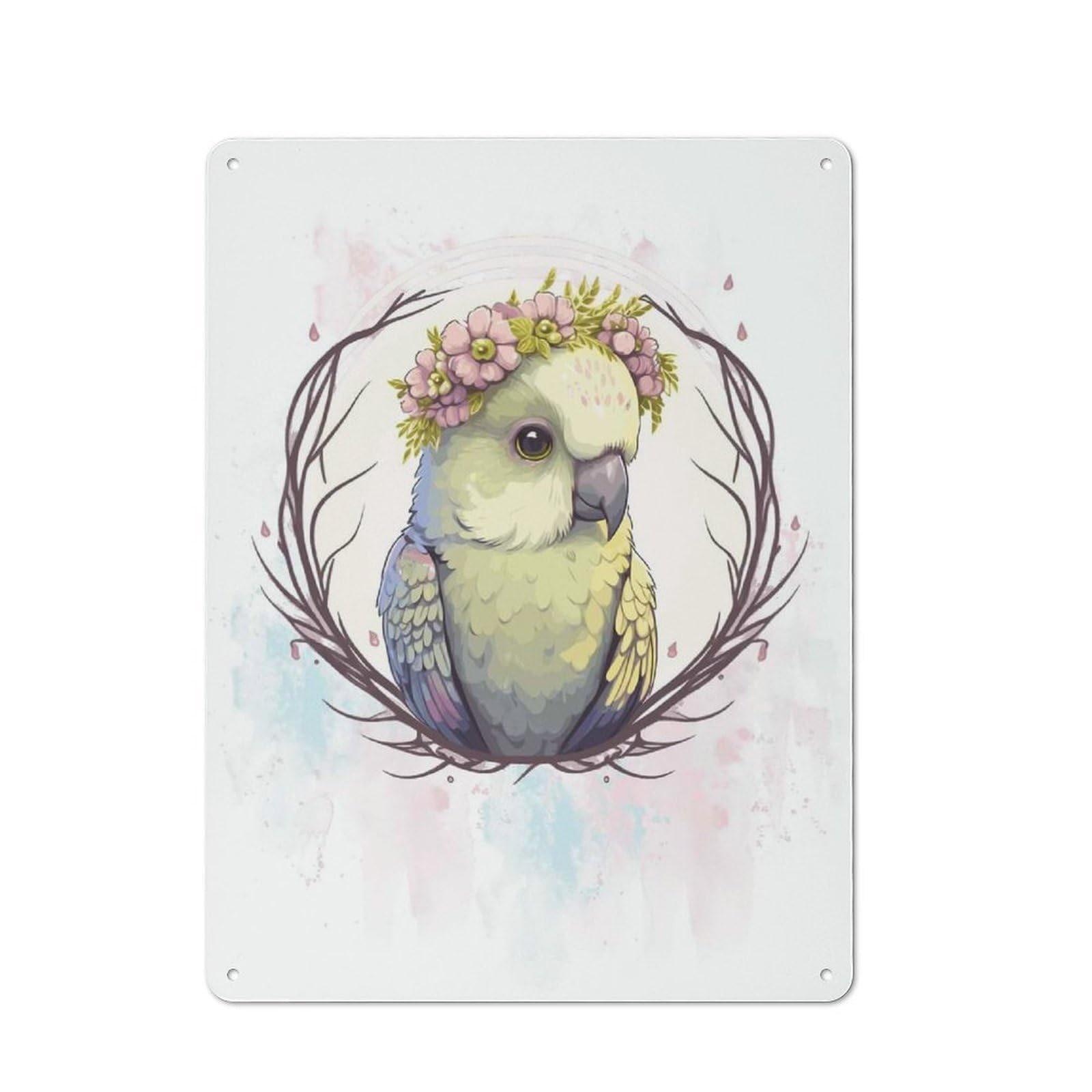 Junmoney Style-15 Floral Parakeet Painting Smart Metal Wall Decor 40X30cm, Office Metal Sign For Office, Study, Studio Or Hallway
