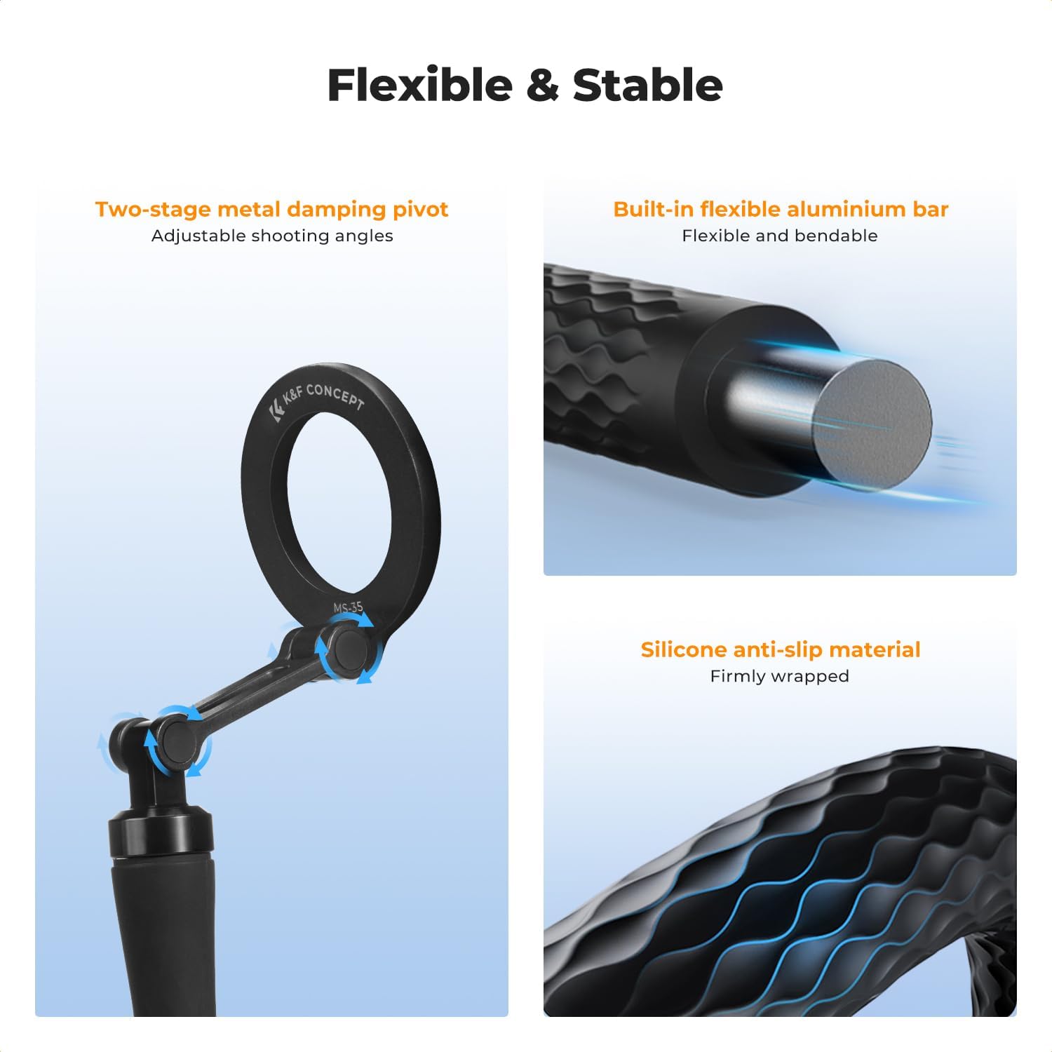 K&F CONCEPT Magnetic Flexible Phone Holder for Magsafe, Selfie Stick with 1/4 Screw and Action Camera Adapter for GoPro Hero 13/12/11, Insta360 X5/X4, Mini Bendable Tripod Phone Stand for All Phones.