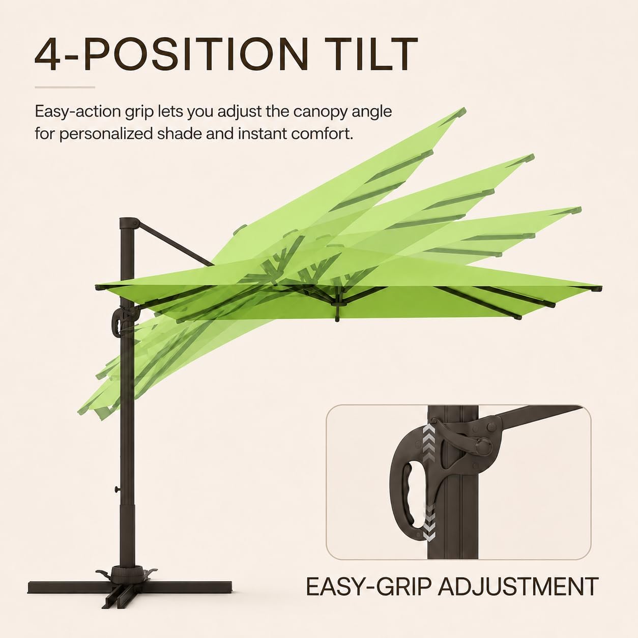 Diagram showing 4-position tilt adjustment of the umbrella canopy