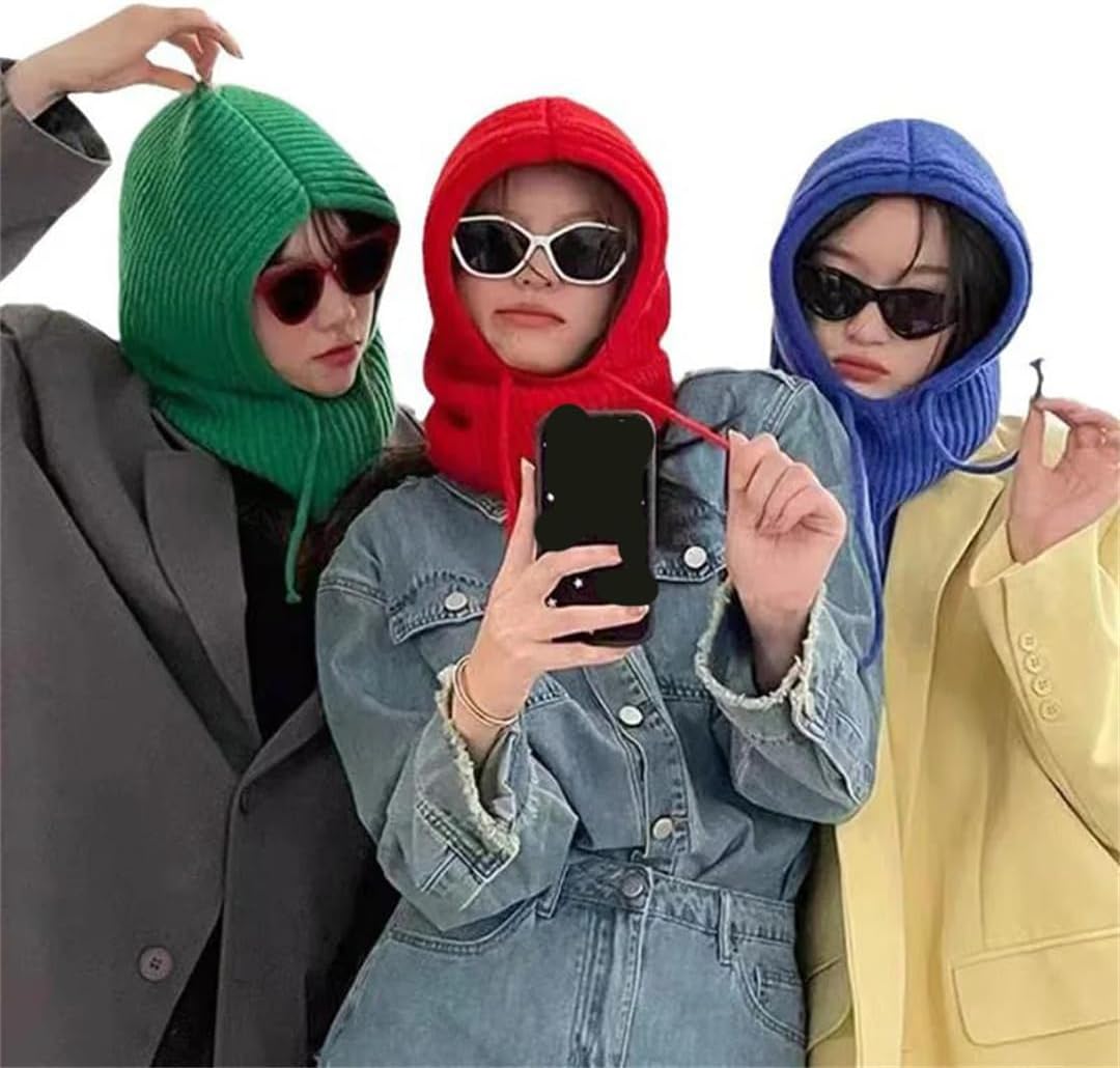 [OWEIEYEU] 女性ニットフード付きバラクラバ帽子屋外巾着ワンピースネックビーニーユニセックス