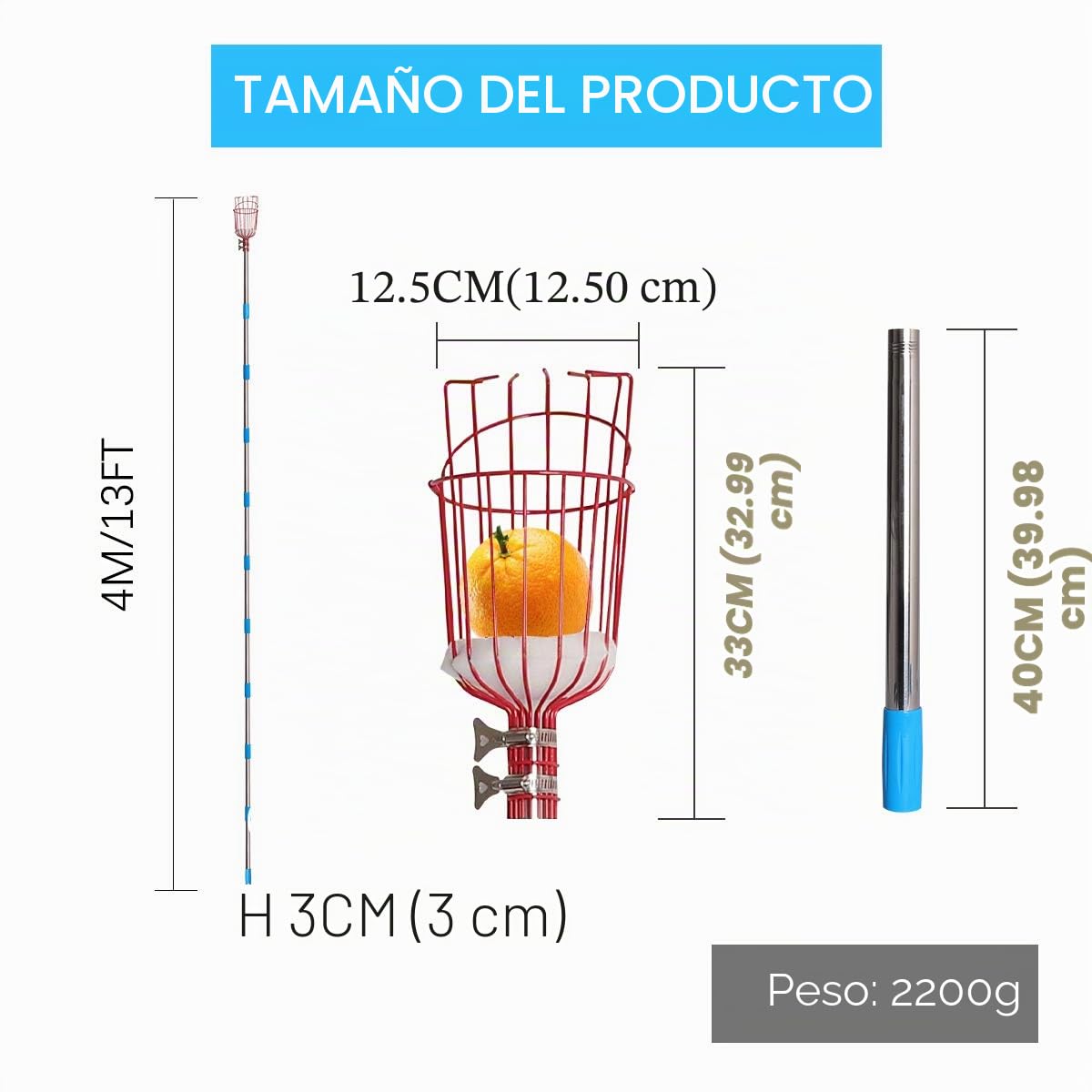 Recogedor de fruta Palo Para Recoger Frutas con 4M Poste de extensión Recogefrutas Pinzas extensibles para jardinería con Cesta picadora de Frutas con Barra telescópica de Aluminio Ligero Y bolsa