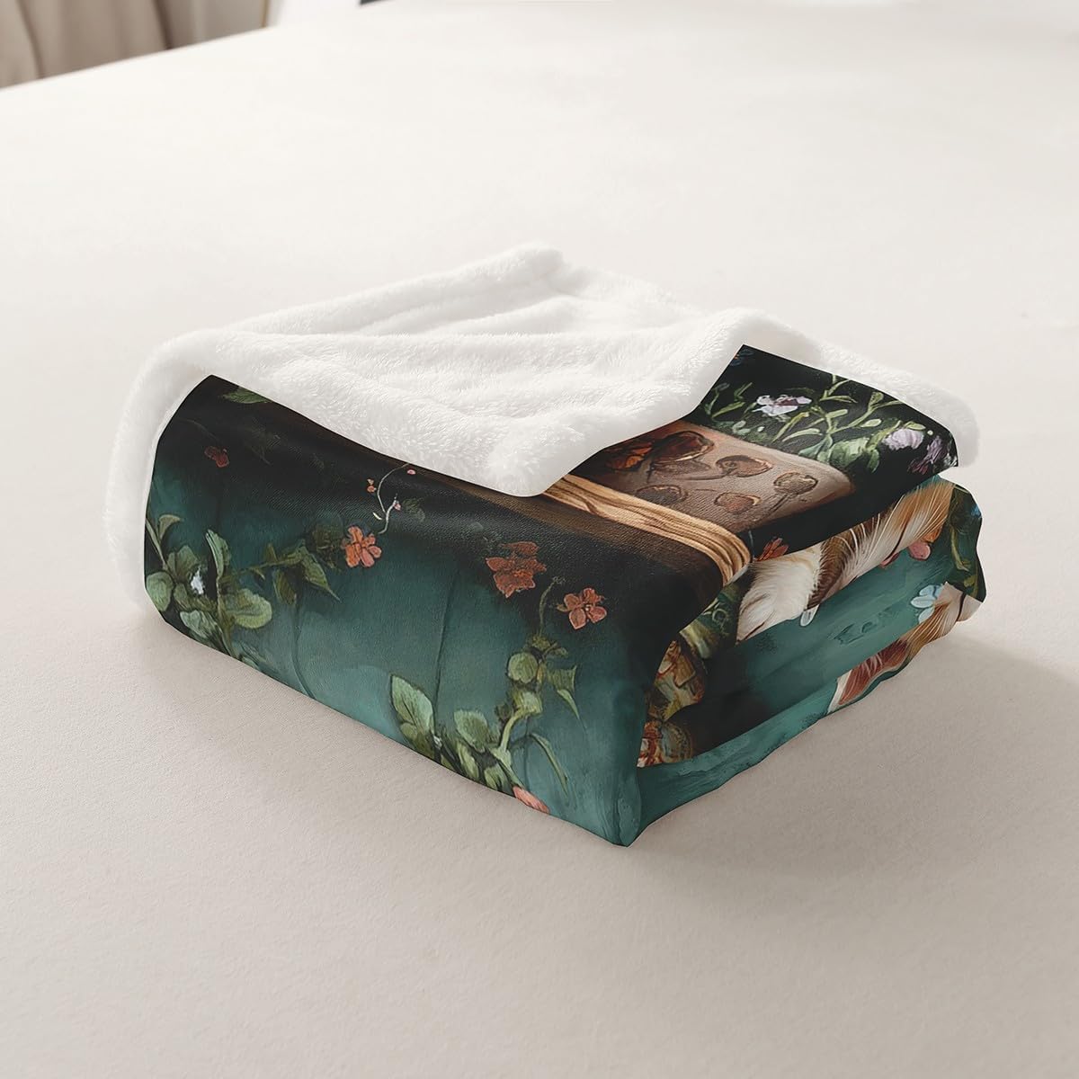 Sleeping Cats Fleece Blanket,Rustic Graden Leaves Flowers Teal Wooden Plank Bed Blanket for Kids Teens,Lovely Kitten Pet Animal Flannel Blankets for Room Decor,Queen 90"x90"
