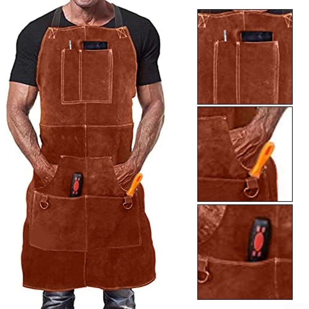 Delantal de soldadura de cuero para hombre hecho de cuero vacuno de alta calidad con 6 bolsillos estratégicamente colocados para una óptima accesibilidad a las herramientas