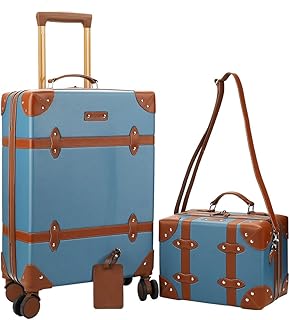 Vintage-Inspired Blue 2-Pack Hardside Trunk & Train Case With Brown Accents
