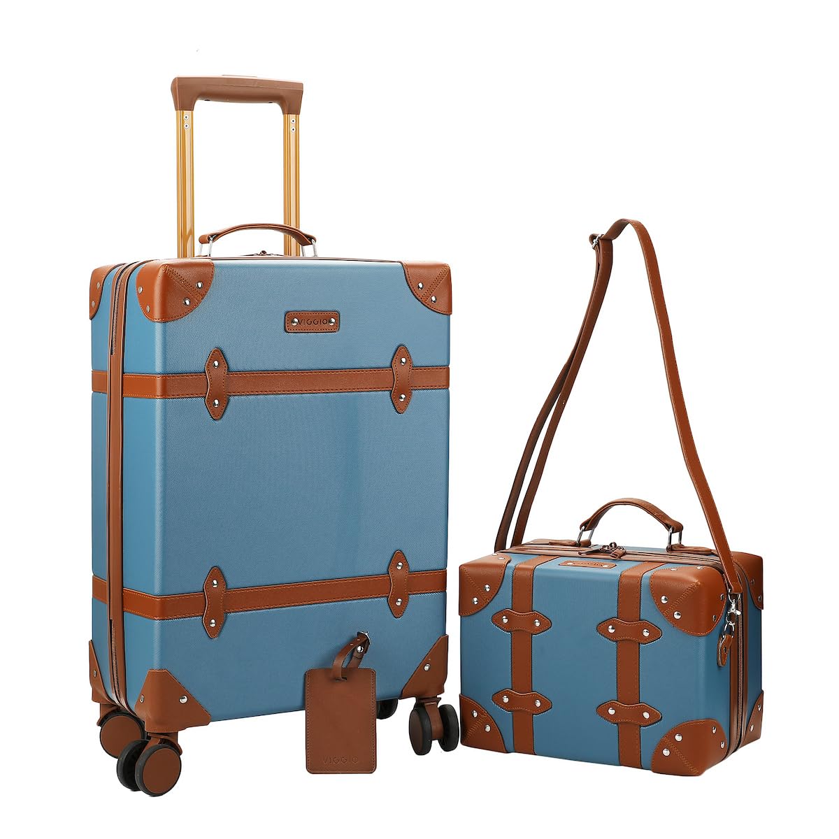 Vintage-Inspired Blue 2-Pack Hardside Trunk & Train Case With Brown Accents
