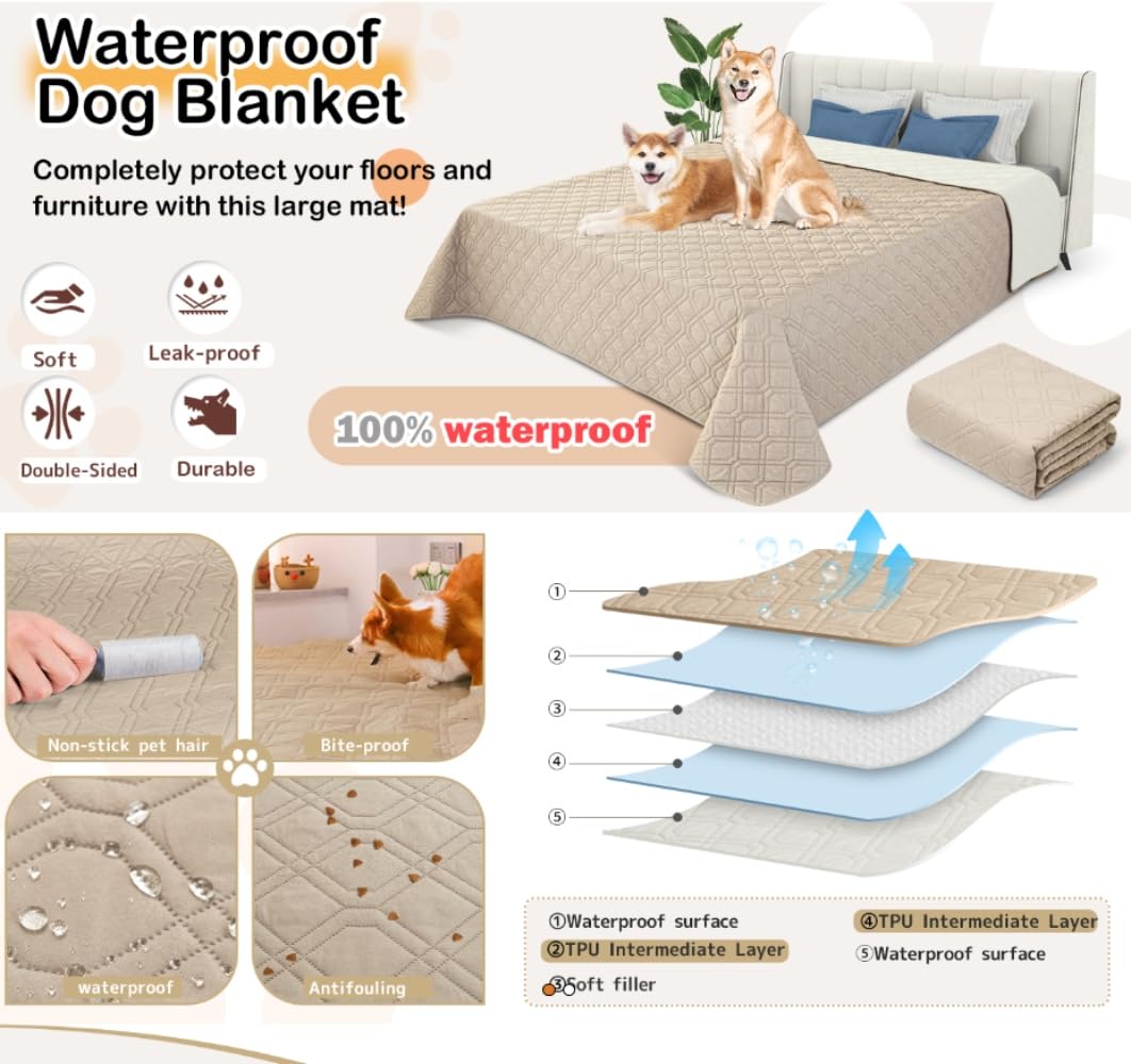 Couverture Imperméable pour Chien, Tapis de Chien Robuste Protection Canapé Lit Voiture Antidérapants, Lavable en Machine, Idéale pour Grandspetits Chiens (Kaki,200x260 cm)