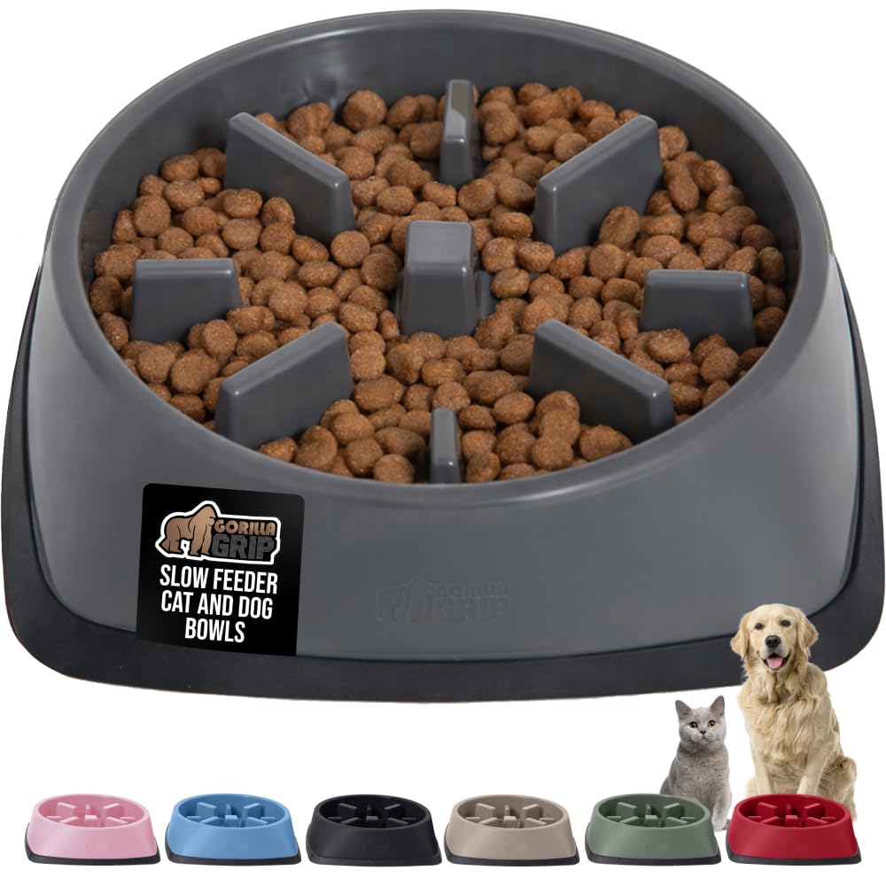 GORILLA GRIP Patented BPA Free Slow Feeder Dog Bowls, Interactive Puzzle Toy for Dogs and Cats Food Training Enrichment, Keeps Pets Busy and Prevents Puppy Overeating, Small Breeds, 1 Cup, Gray