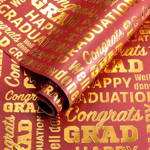 AmazingSpark Graduation Wrapping Paper Roll 2026 17 x 118 Inch 3D Embossing Gold Foil Graduation Wrapping Paper Congrats Grad Gift Wrap for Class High School College Party Supplies(Red Gold)