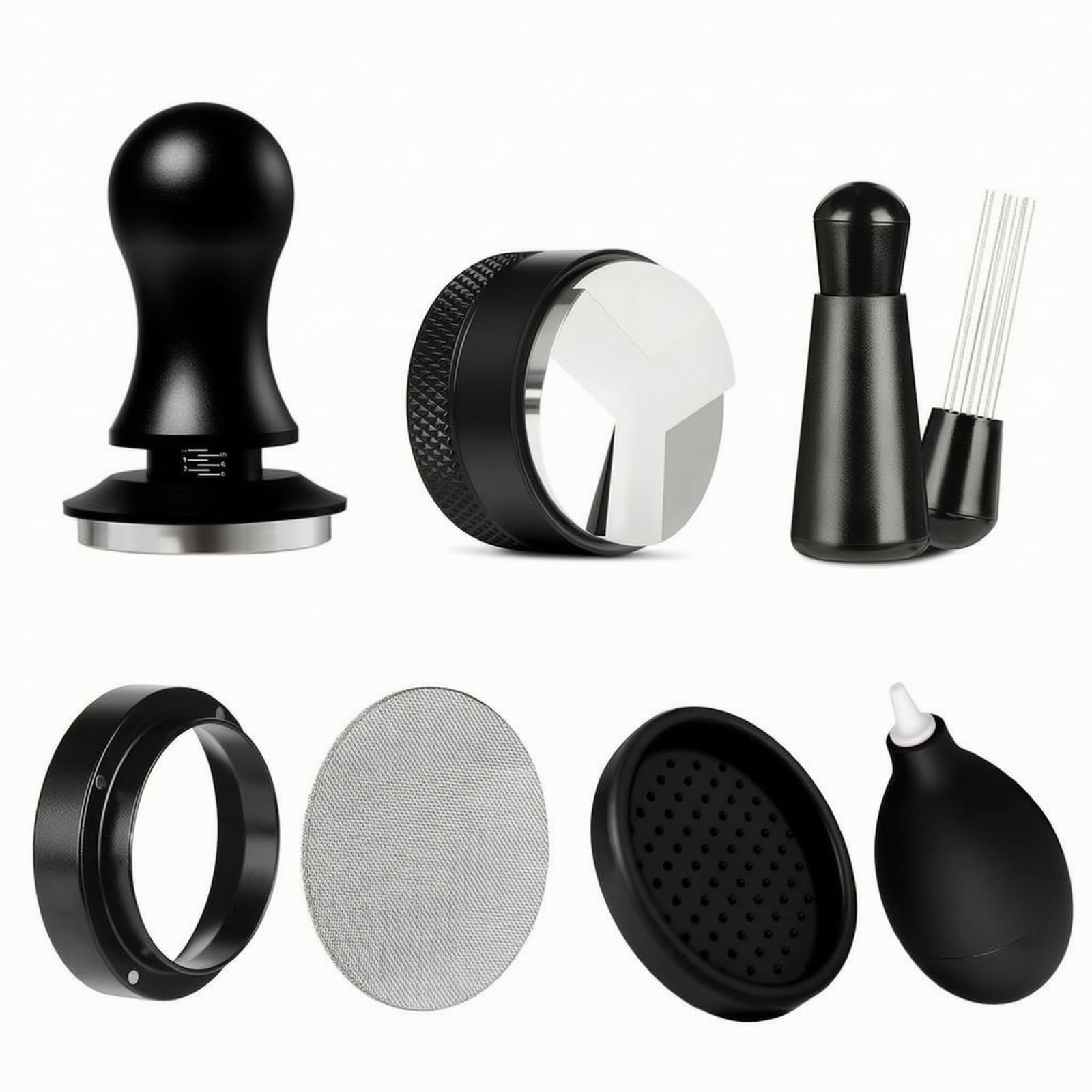 Amagogo 7 Piezas Kit Prensa para Espresso Tamper Cafetera Distribuidor Nivelador Borde Metálico Acero Inoxidable Silicona Adecuado para Baristas Principiantes Cocina Minimalista Regalo, 51mm