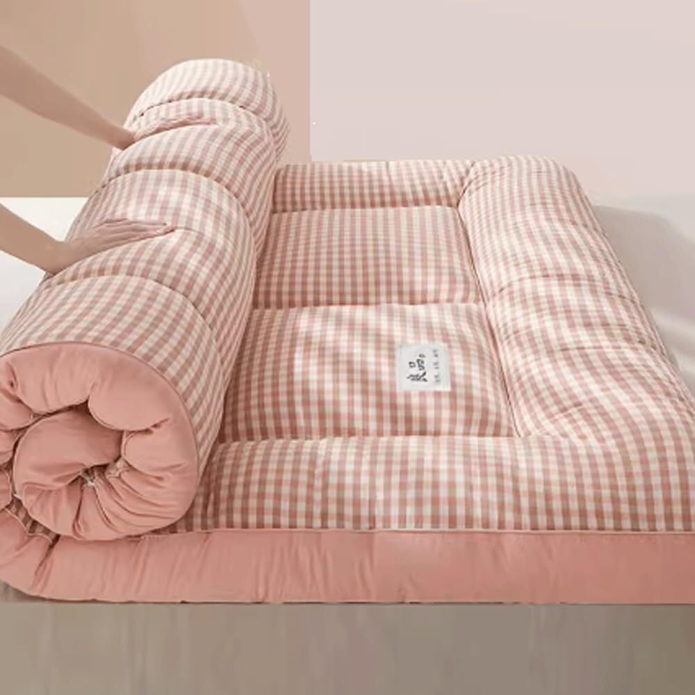 LBWARMB Futon Mattress Roll Up King Size Mattress Floor Bed Tatami Foldable Soft Pressure Reducing Breathable Double Futon Mattress Student Dormitory Home Mattress(Pink plaid,120cm*200cm)