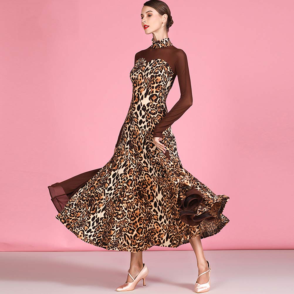 Vestidos De Baile De Salón De Manga Larga Ropa De Baile De Vals con Estampado De Leopardo para Mujer Conjunto para Práctica De Salsa De Estampado Ropa De Flamenco con Gran Vuelo