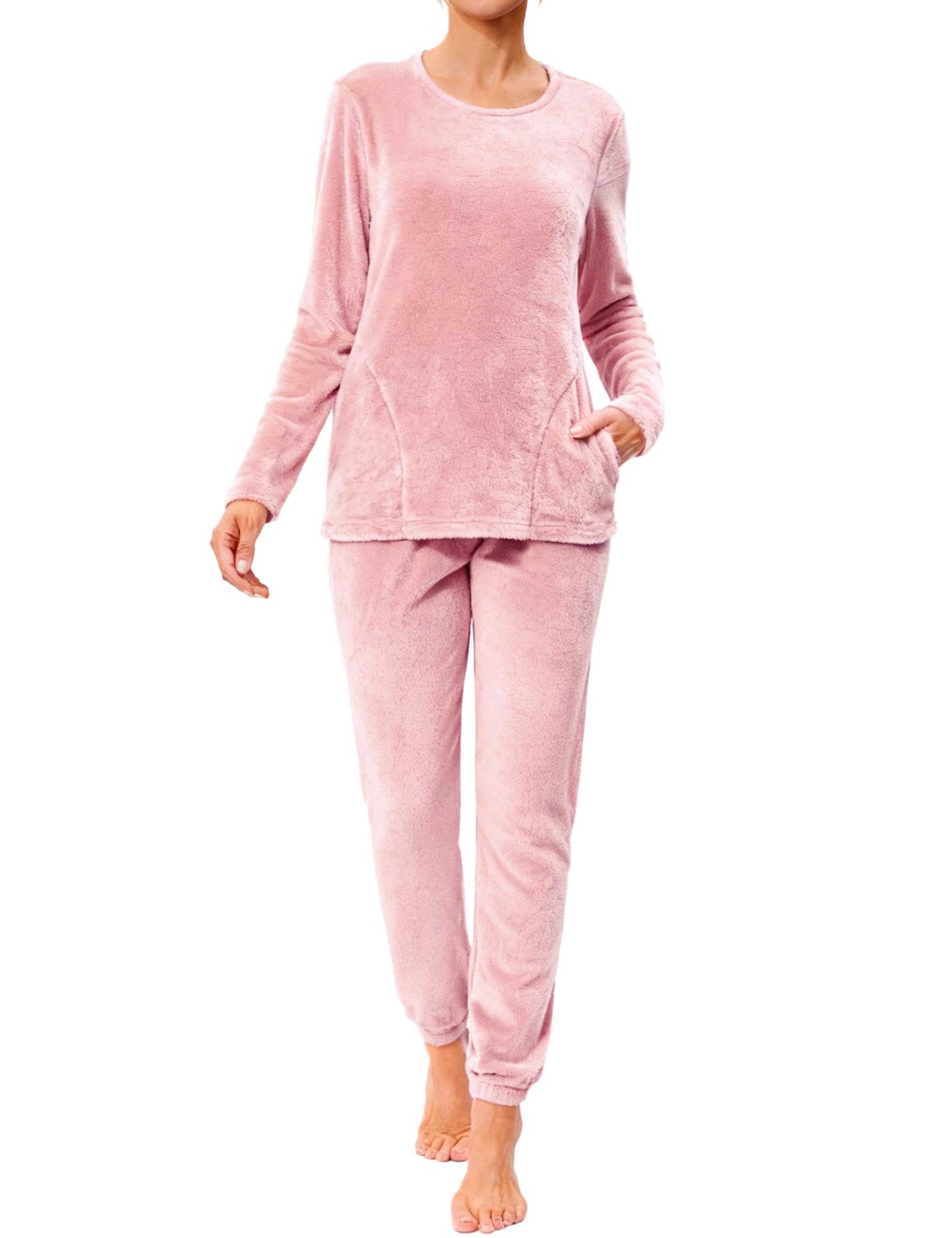 Wayleb Pigiama Donna Invernale Due Pezzi,Velluto Loungewear Tuta Casa Calda Autunno Inverno Manica Lunga Girocollo Maglia Top con Tasche e Pantaloni S-3XL