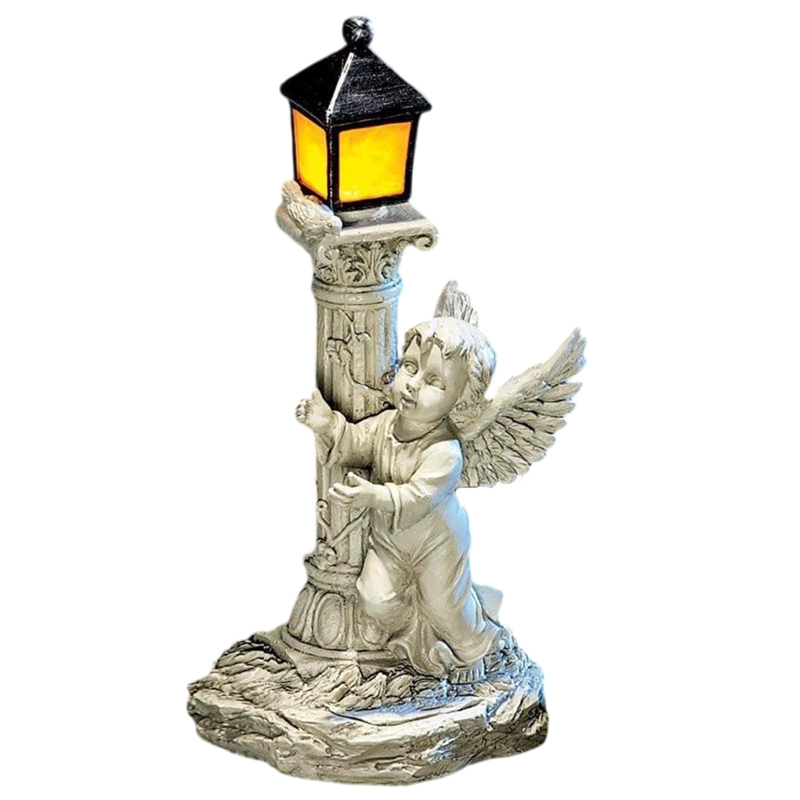 Jardin extérieur sublimé par la statue enfant de colonne romaine et sa douce lampe lumineuse