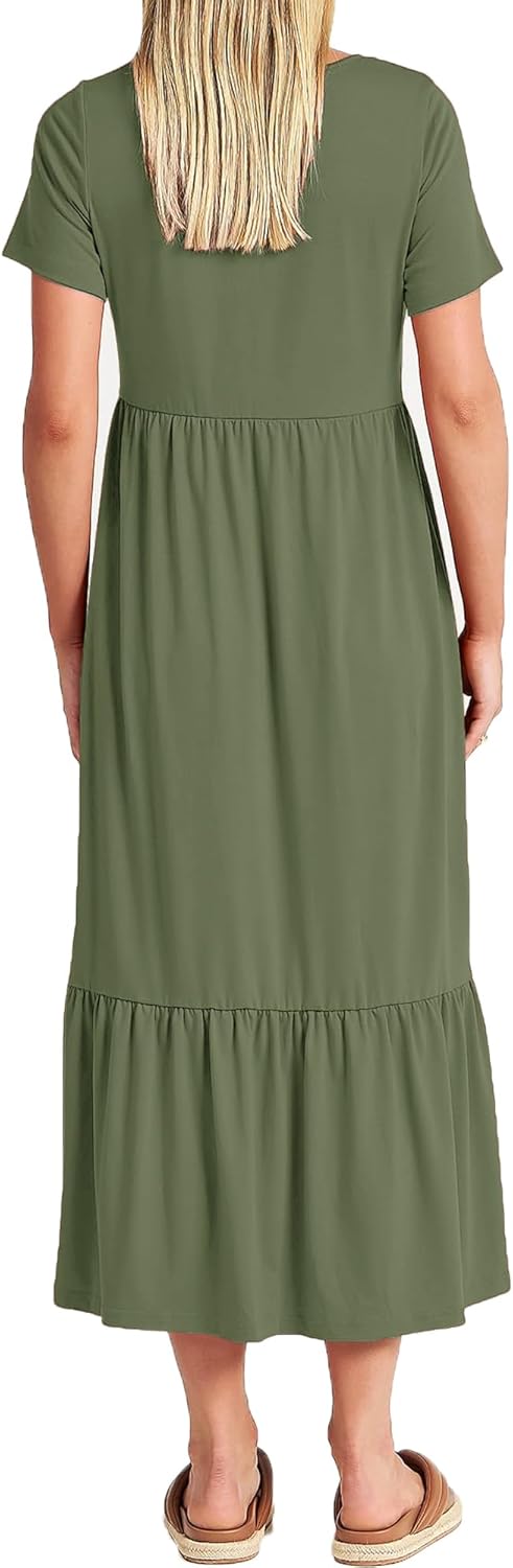 CzzzyL Women Nursing Short Sleeve Crew Neck Fall Dress Maternity Flowy Maxi Dresses Tiered Cocktail Dress with Pockets