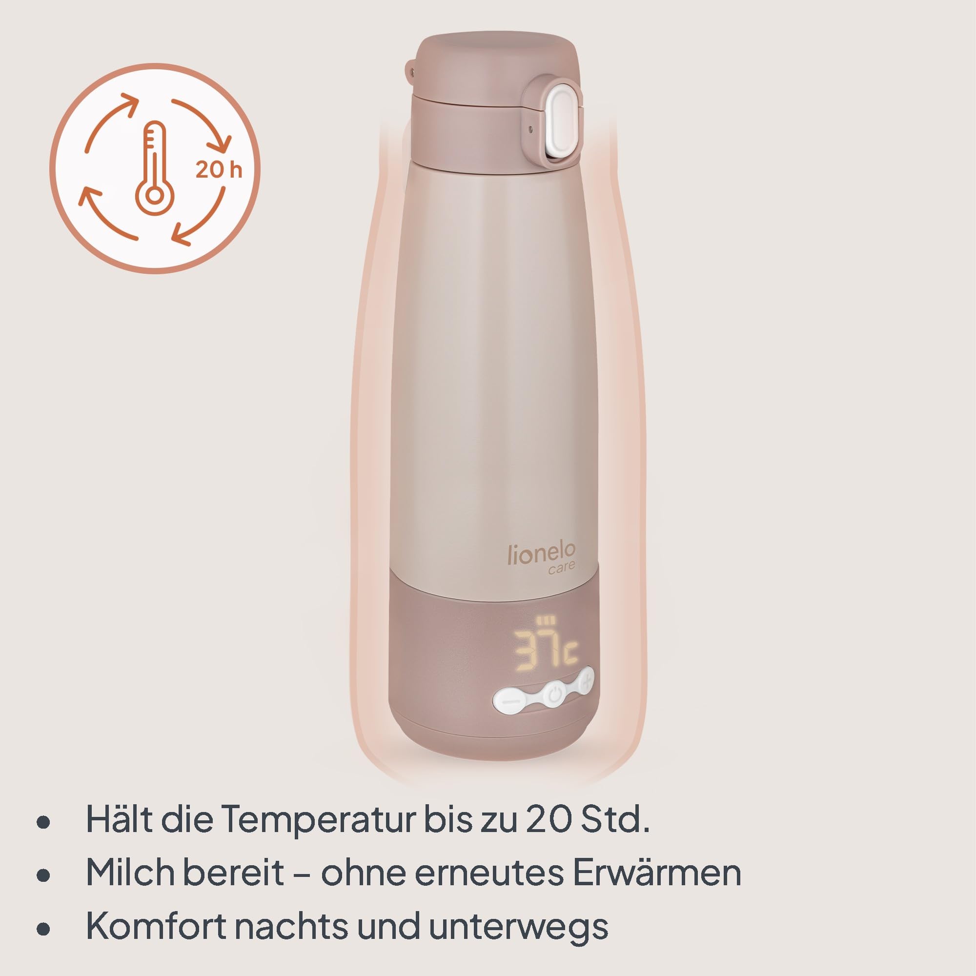 Lionelo Thermup Bottle tragbarer Babyflaschenwärmer für unterwegs, kabellos, Thermosflasche mit Heizfunktion, erwärmt Milch oder Wasser in 3,5 Min., 37–55 °C, Warmhalten bis 20 h, Edelstahl SUS316