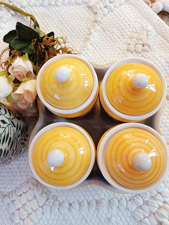Image of Niyara Multipurpose Storage Ceramic Pickle set Jars with Lid & tray (Set of 4, 300 ml) (yellow Blue)