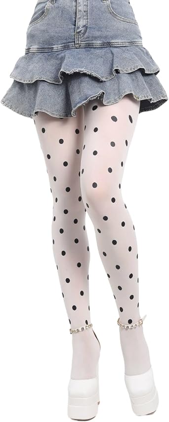 Women Vintage Dot Patterned Thin Tights JK Girl High Waist Footed Pantyhose Silky Stockings Opaque Fashion Hosiery White Stockings