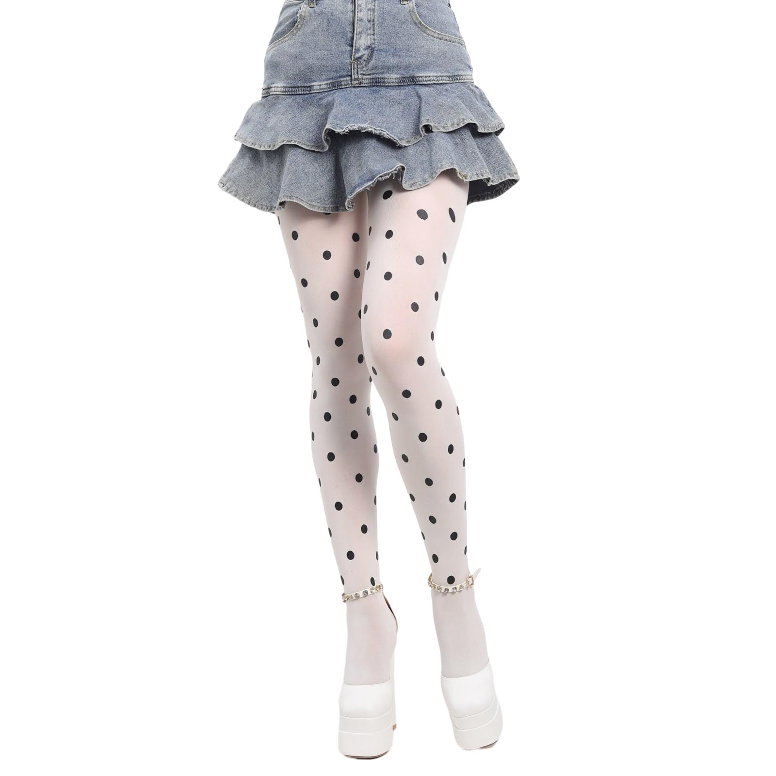 CHIZISX Women Vintage Dot Patterned Thin Tights JK Girl High Waist Footed Pantyhose Silky Stockings Opaque Fashion Hosiery White Stockings