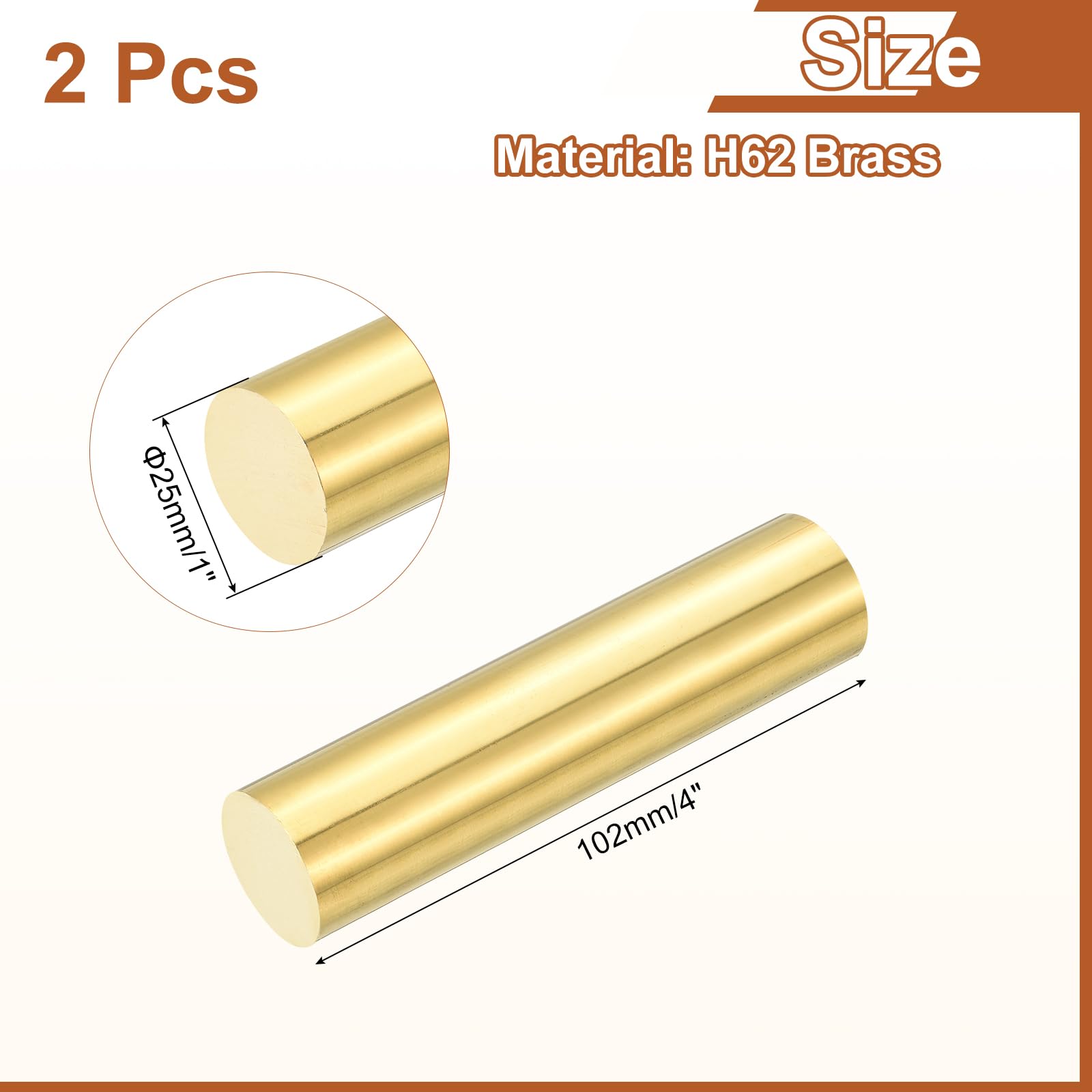 QUARKZMAN 2 Pezzi 1"(25mm) Diametro Ottone Solido Barra Tonda 4"(102mm) Lunghezza H62 Barra Ottone Tornio Stock Barra Tonda Ottone Per DIY Artigianato Industria Costruzione