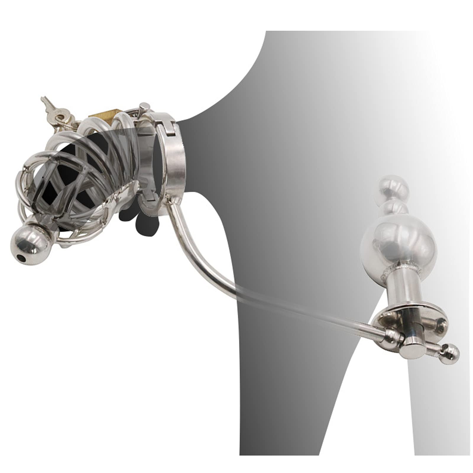 Gabbia per pene Cintura di castità con catetere e plug anale Sfere anali Castità in metallo Gabbia di castità Butt Plug Gabbia per cazzi con plug per pene Gancio anale(Ø38.1mm)