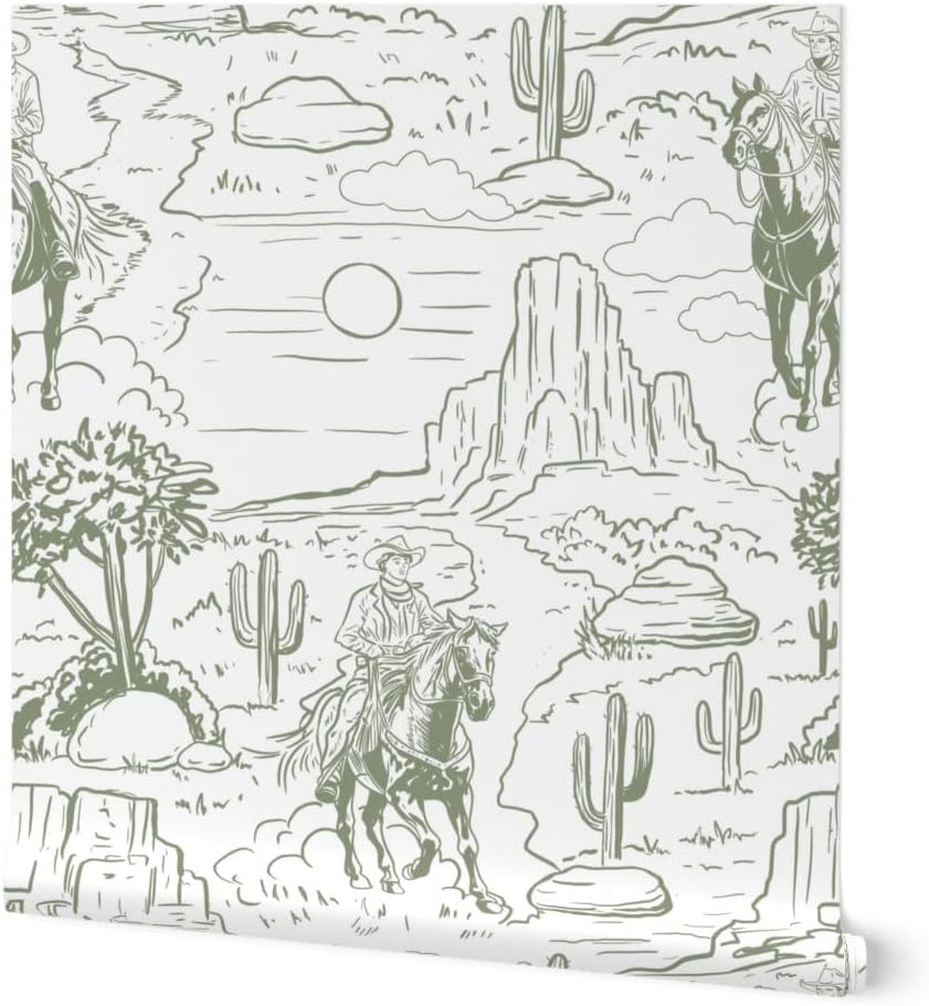 Peel & Stick Wallpaper Swatch - Retro Western Vintage Cowboy Toile De Jouy Sage Green White Large Scale Rodeo Cowgirl Wild West Custom Removable Wallpaper by Spoonflower
