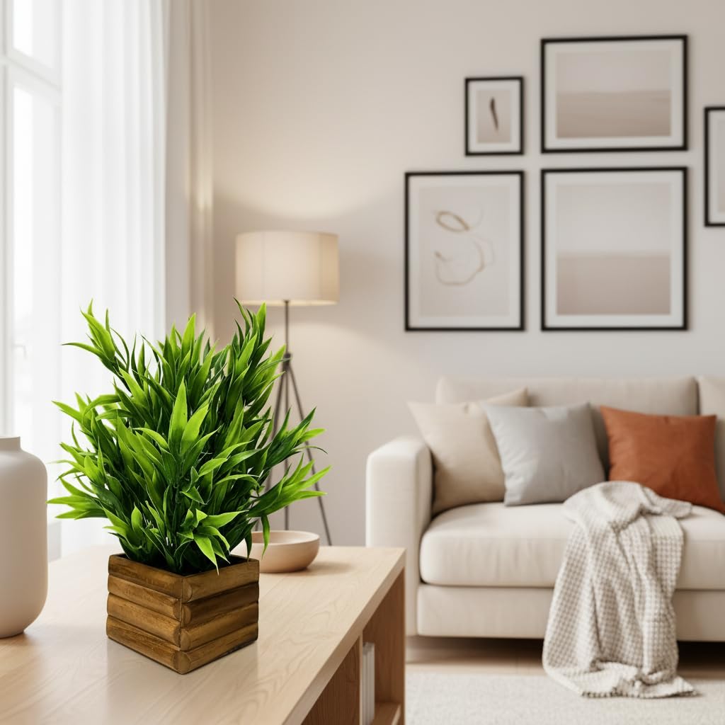 fancymart Artificial Bamboo Leaves in Wood Potted Plant with 30 cm Height Perfect for Home Décor & Office Space 4