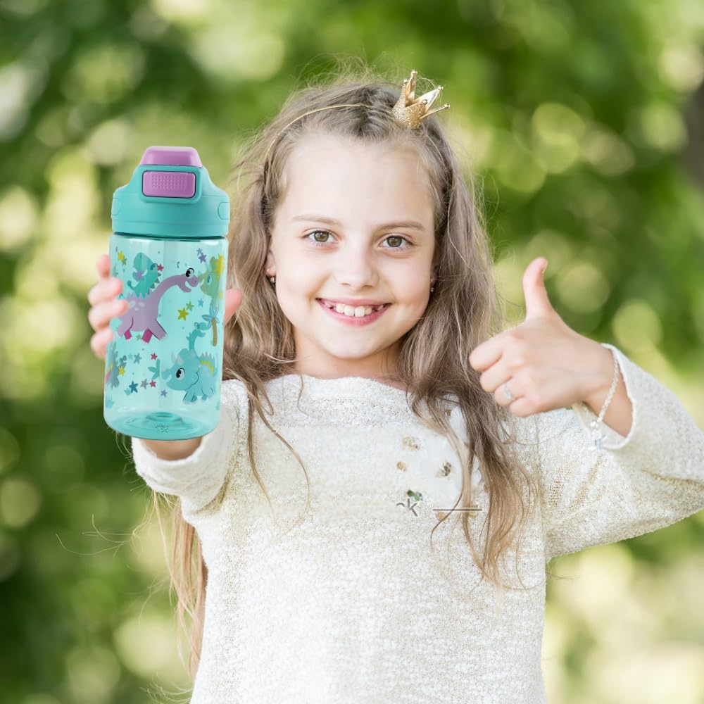 Gourde Enfant, 400ml, Robuste, Incassable, Anti Fuite, Sans BPA, Ouverture par Simple Pression, Facile à Nettoyer, avec Paille, Idéale pour l'École et l'Extérieur (Dinosaure) - 4