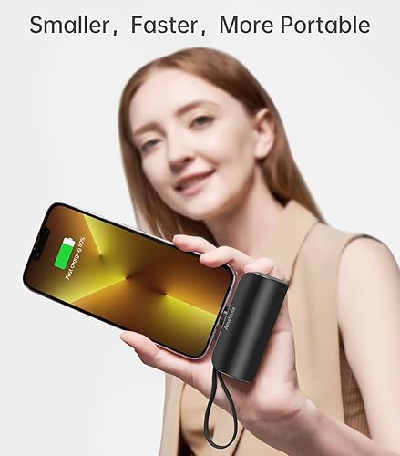 Miniatura 6 de Cargador portátil pequeño para iPhone, mini batería externa de 5000 mAh con cable incorporadosoporte de metal, bonita batería compatible con iPhone