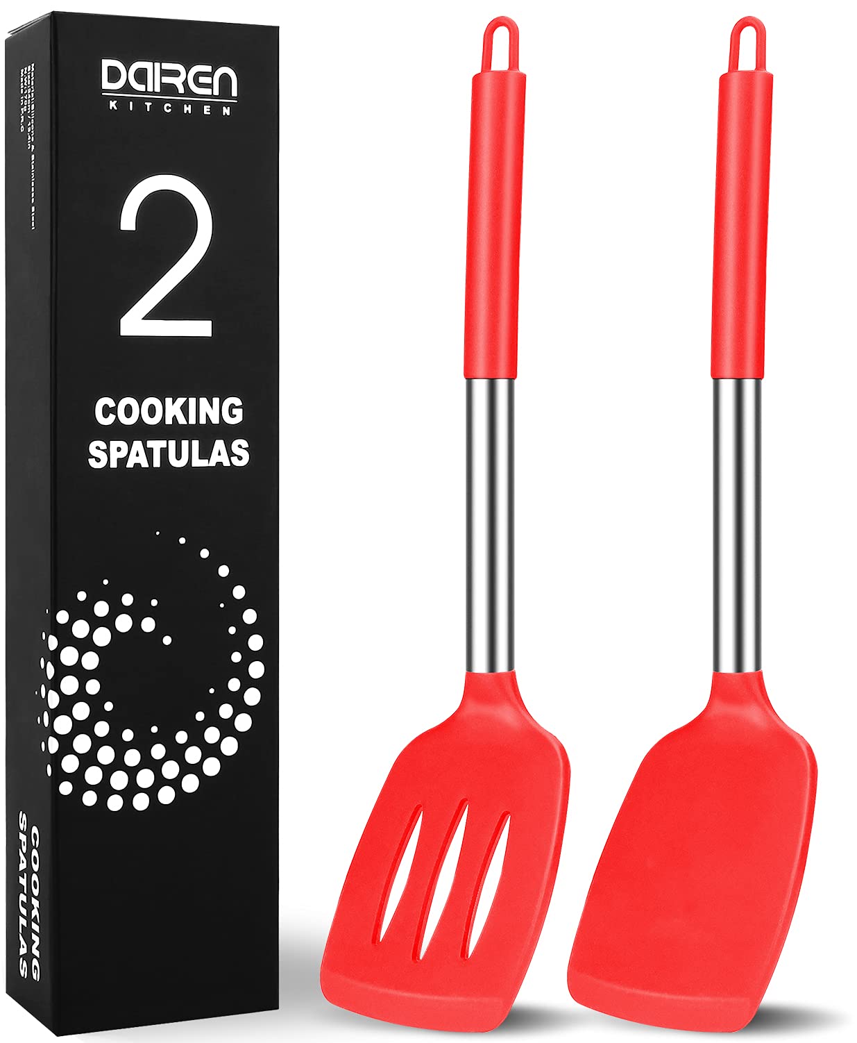 Pack of 2 Large Silicone Cooking Spatulas, BPA Free Stainless Steel Kitchen Utensils for Baking, Frying, Stir-Fry, Non-Stick Non-Scratch Heat Resistant Slotted and Solid Spoonula (Red)
