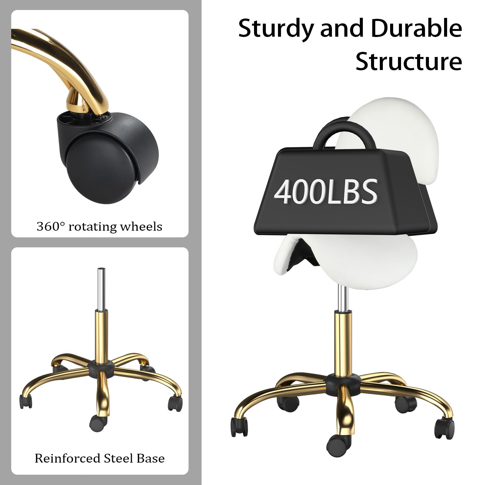 Bonnlo Tabouret de Selle, Tabouret à roulettes Réglable en Hauteur, Tabouret de Bureau Rotation à 360°, Revêtement en PU (Blanc + Or, avec Dossier (66P x 66l x 91H cm))
